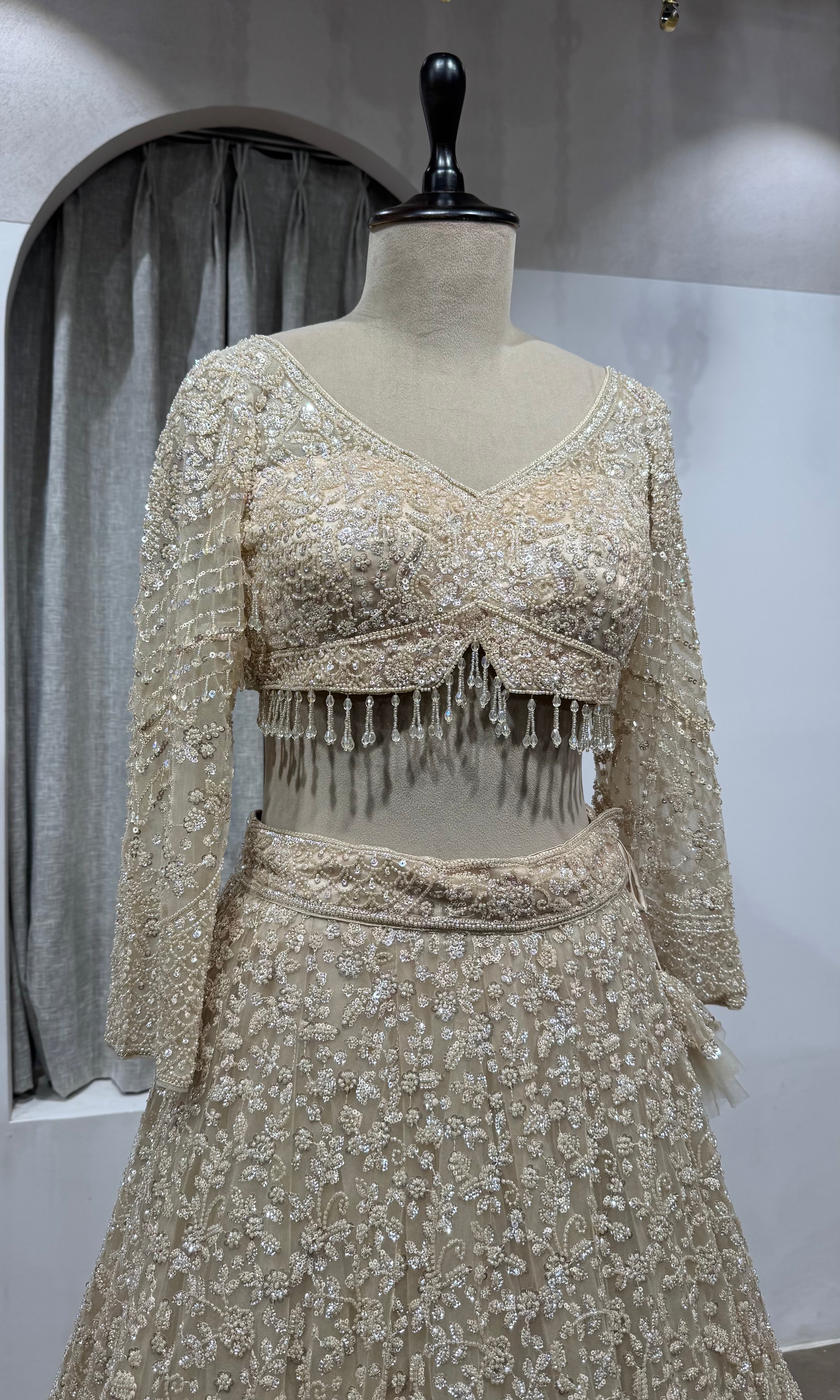 Ivory Net Sequin Embroidered Lehenga Set