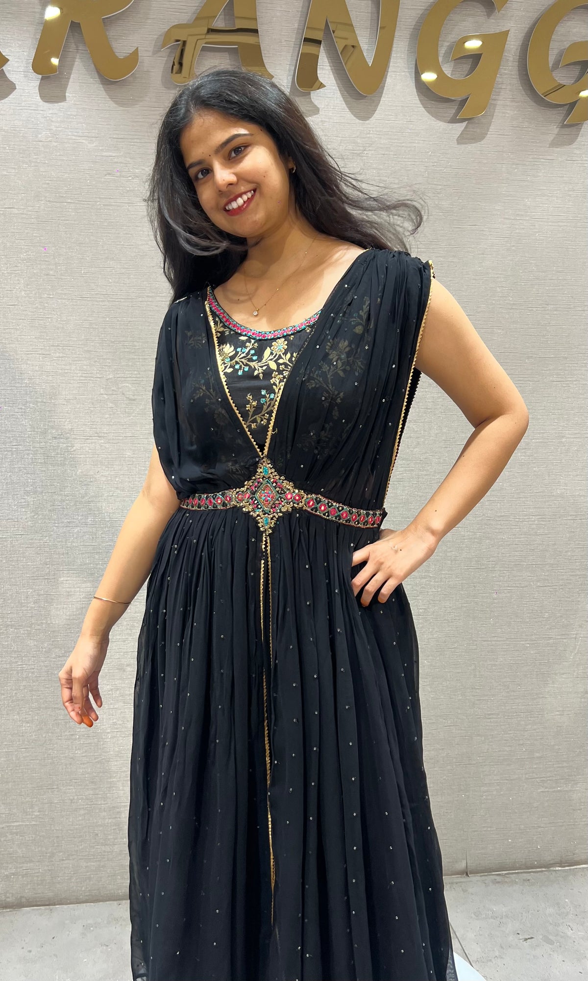 black crop top Palazzo with coat and Belt Accent