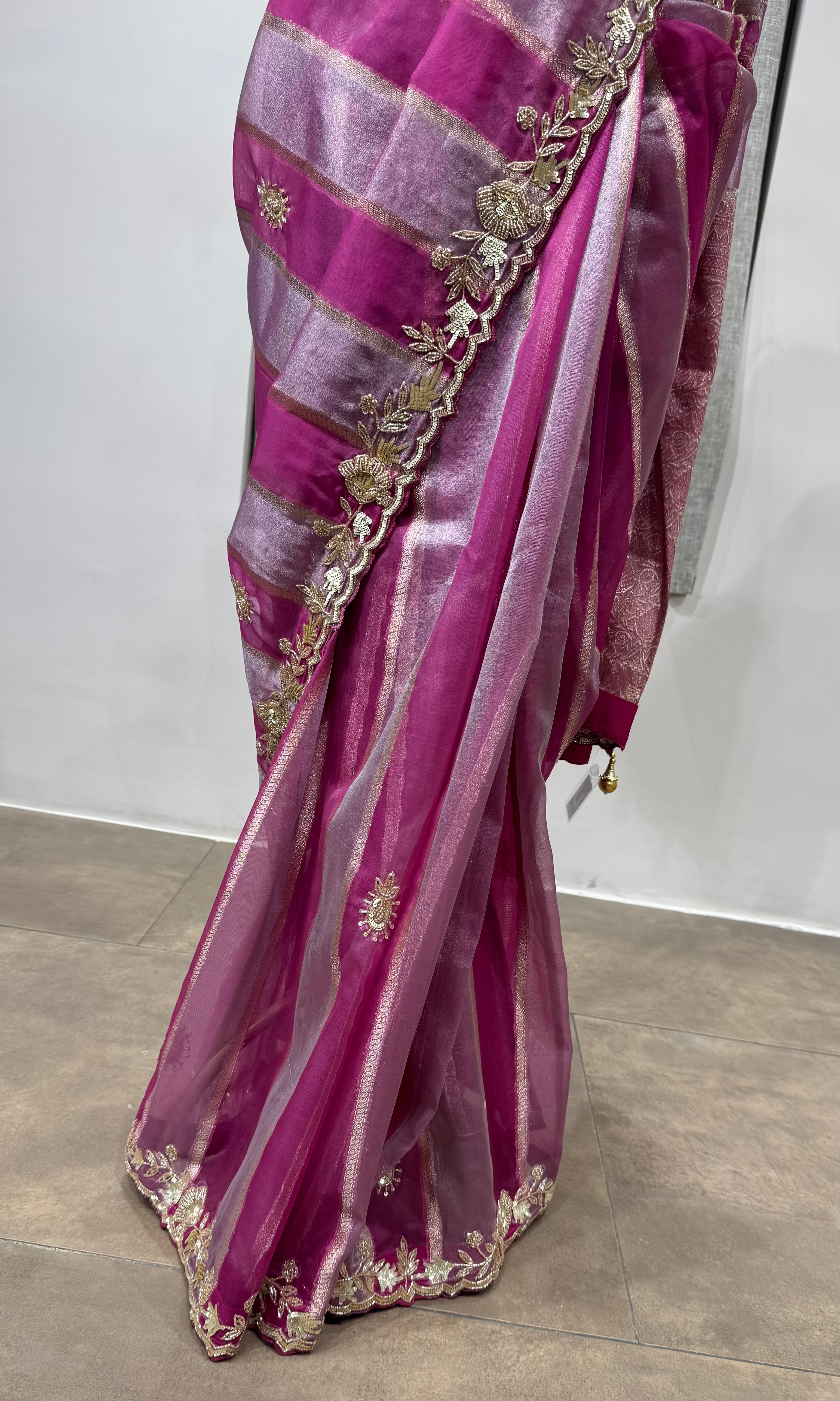 WINE Embellished Tussar Silk Leheriya Saree