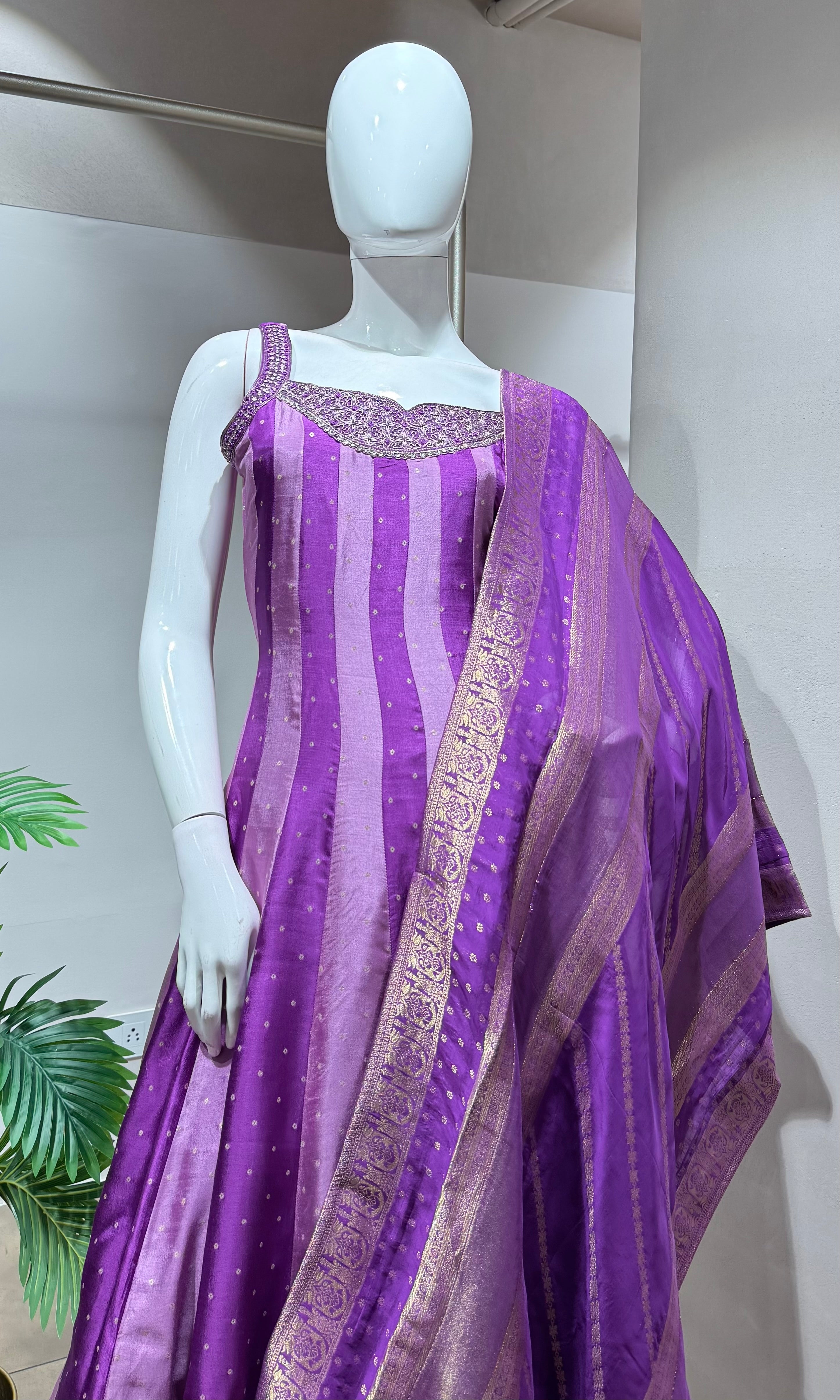 Purple Striped Anarkali with Zari Border & Dupatta