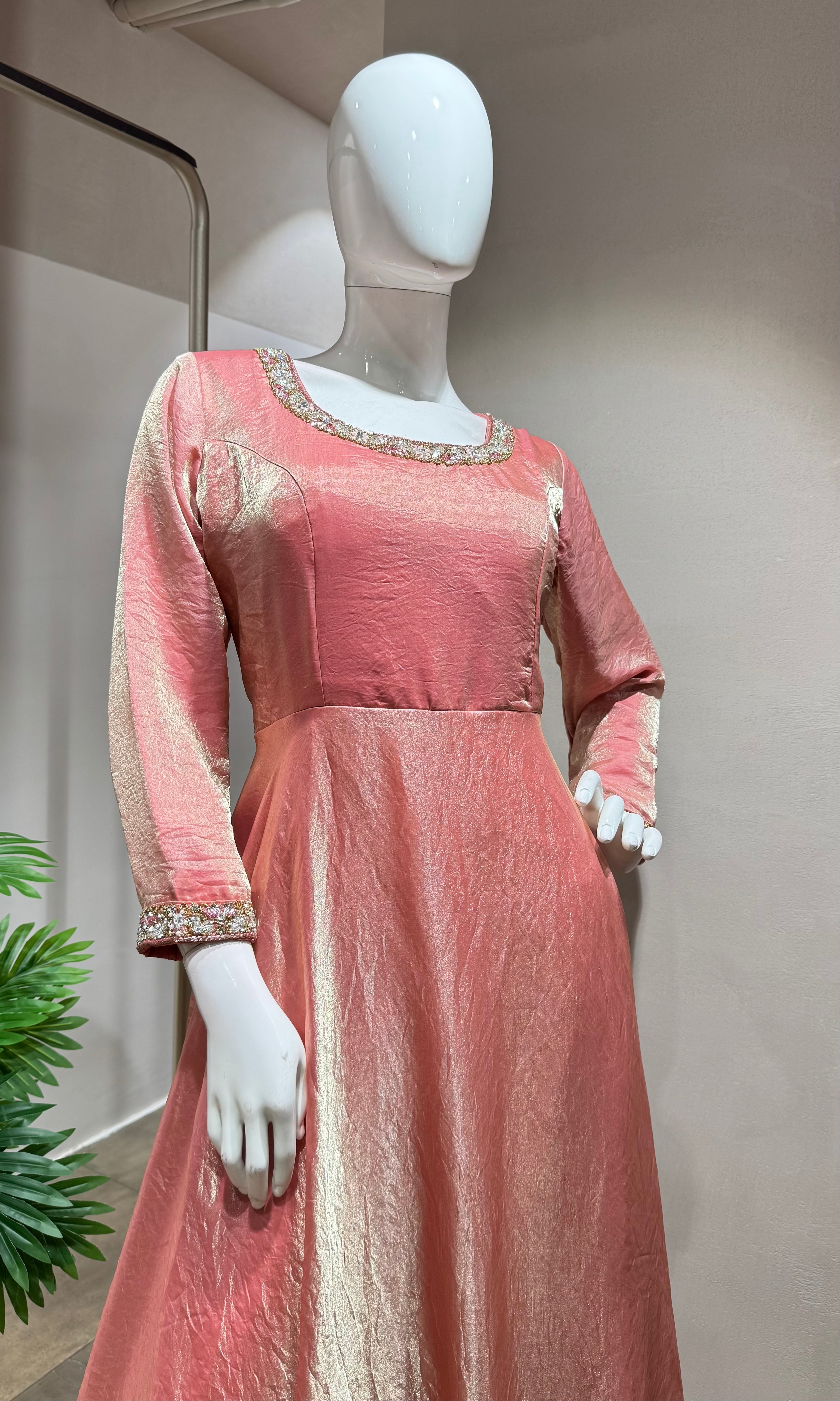 BABY PINK TISSUE CRYSTAL WORK ANARKALI
