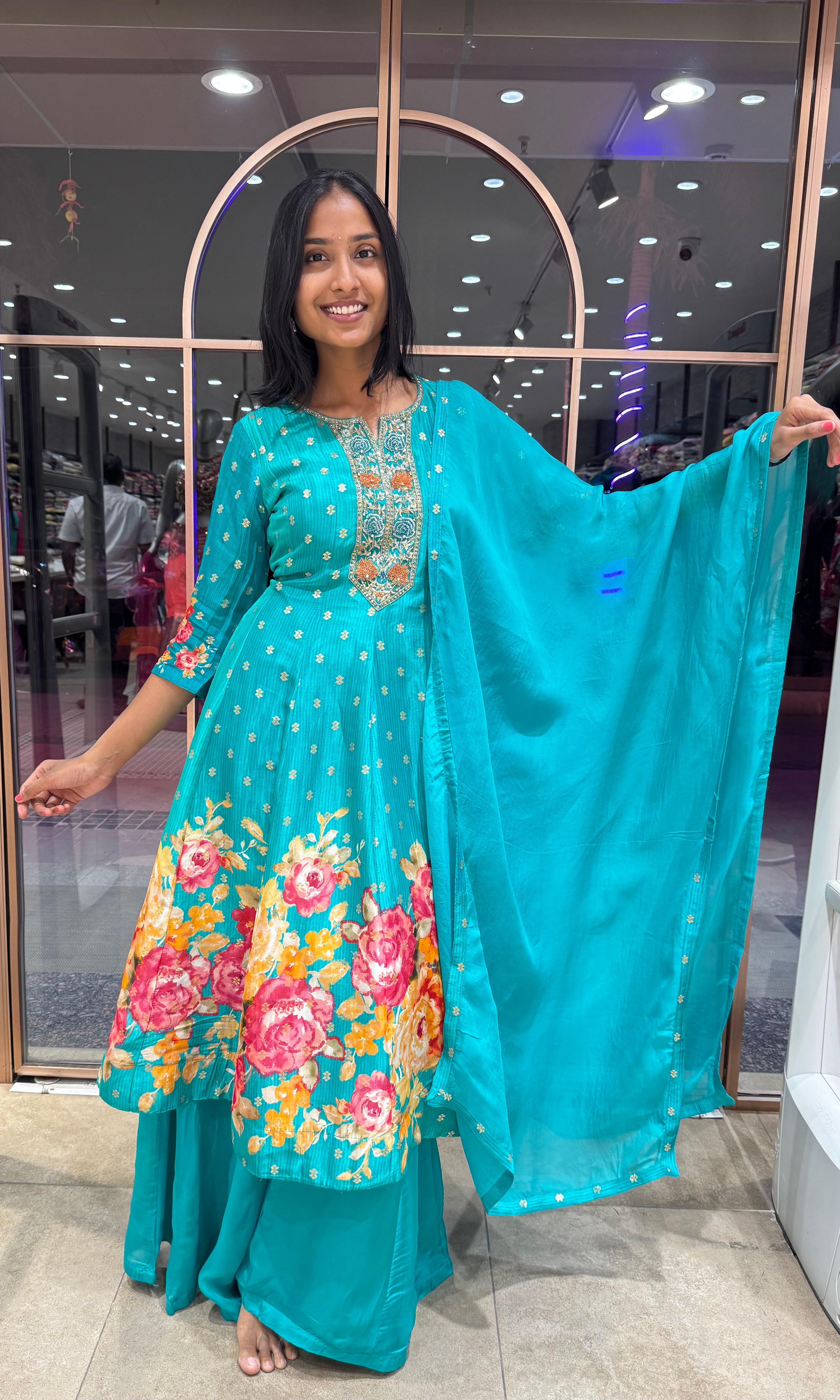 GREEN FLORAL EMBROIDERED ANARKALI