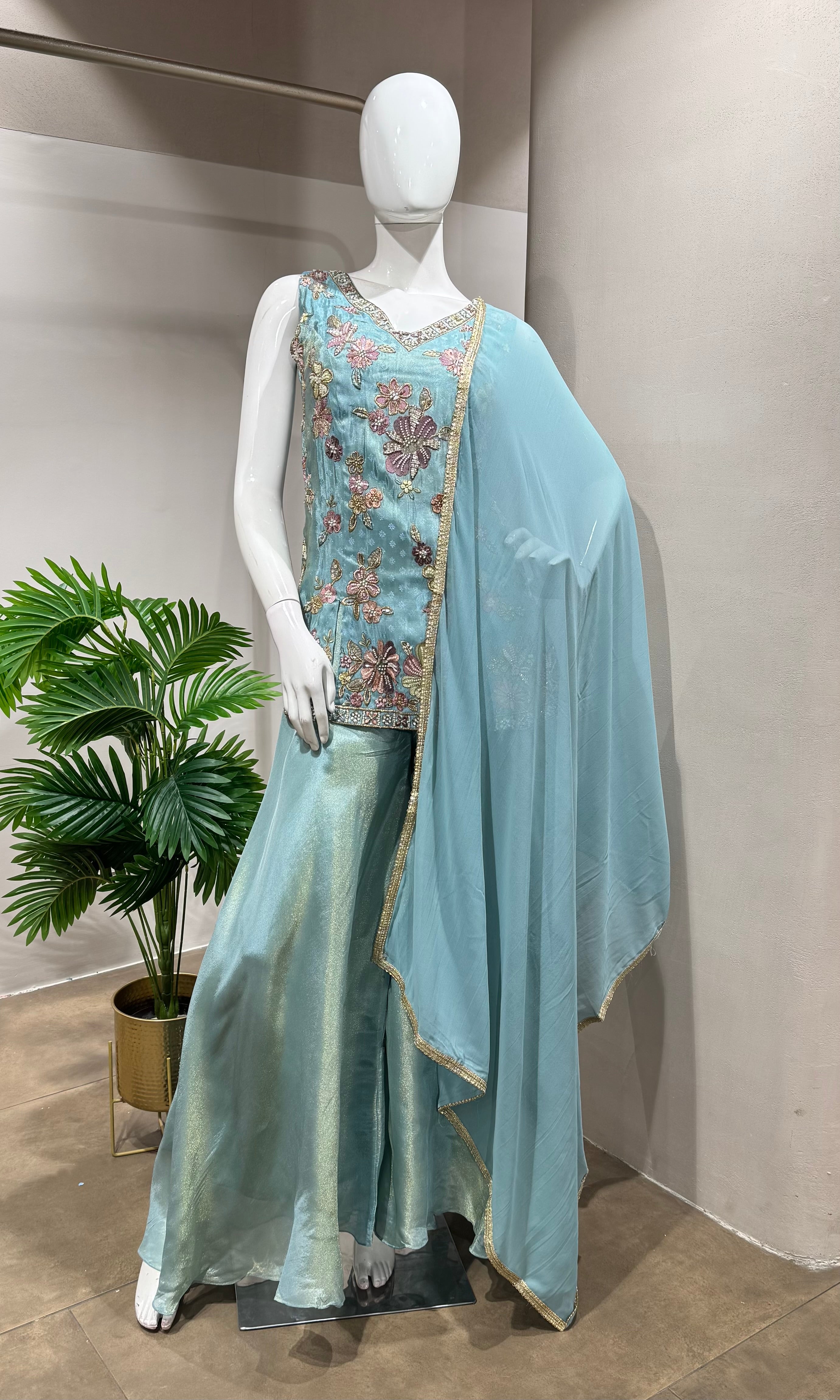 Blue Tissue Sharara Set with floral embroidery