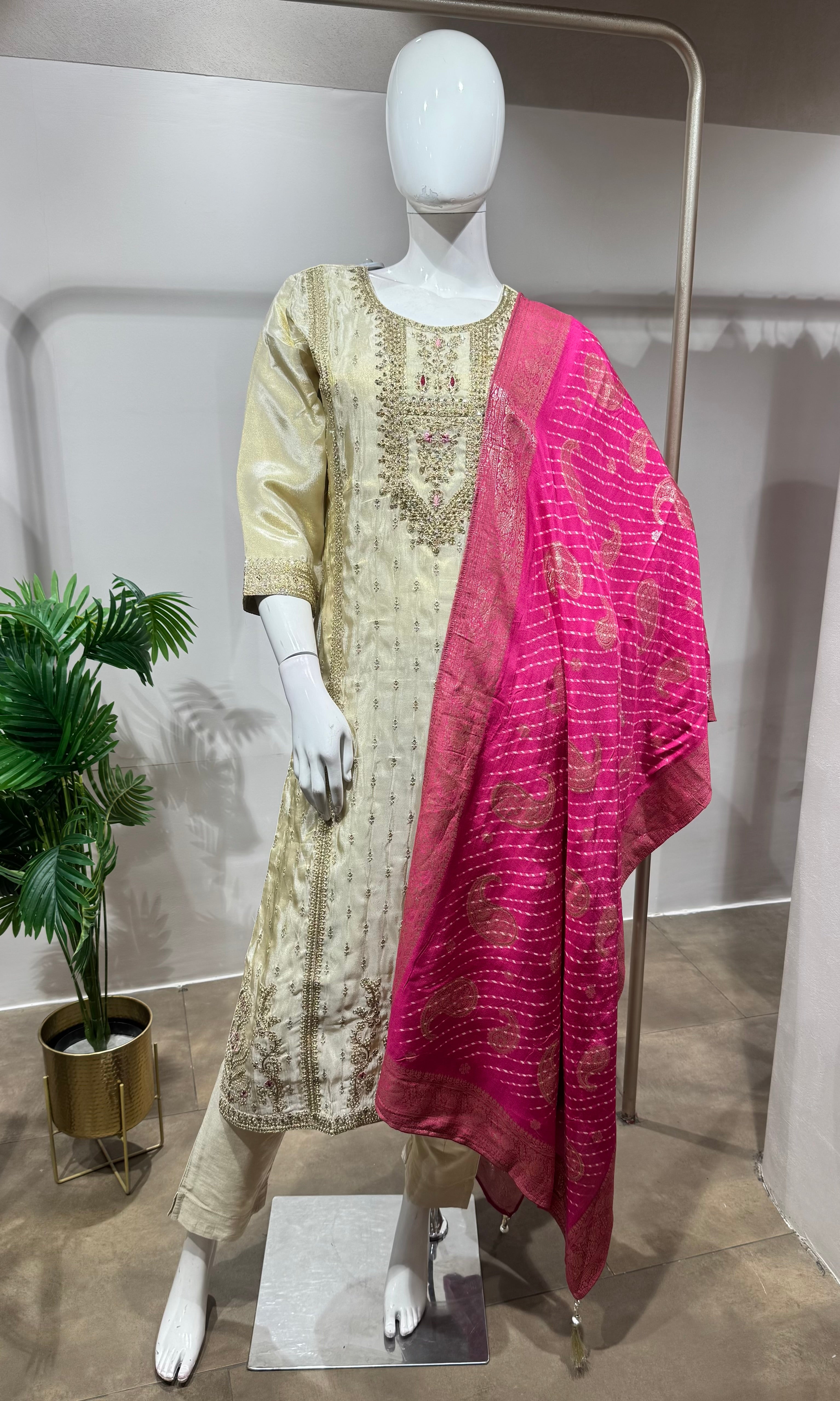 Cream Embroidered Salwar Set with Pink Dupatta
