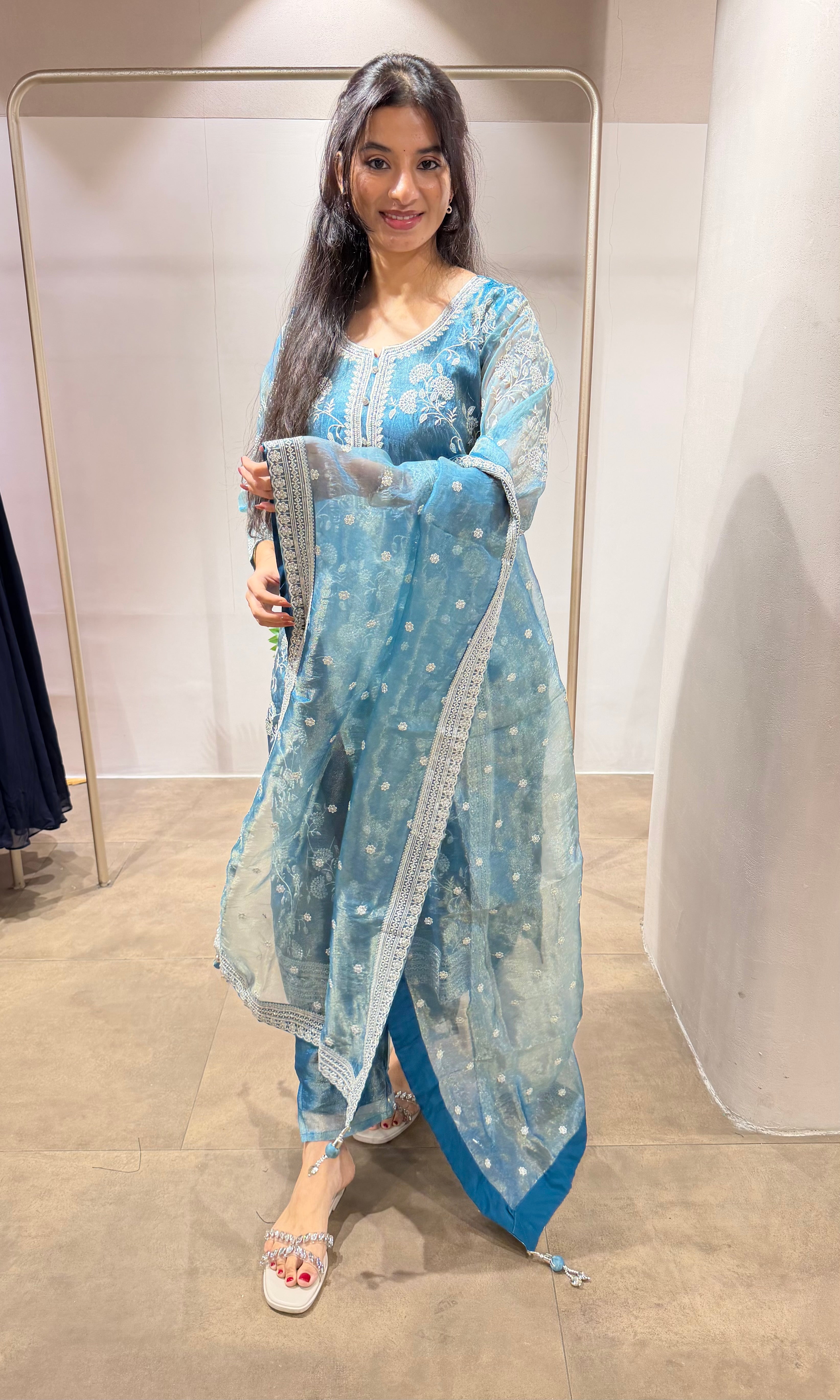 Ice Blue Tissue kurta set with dupatta