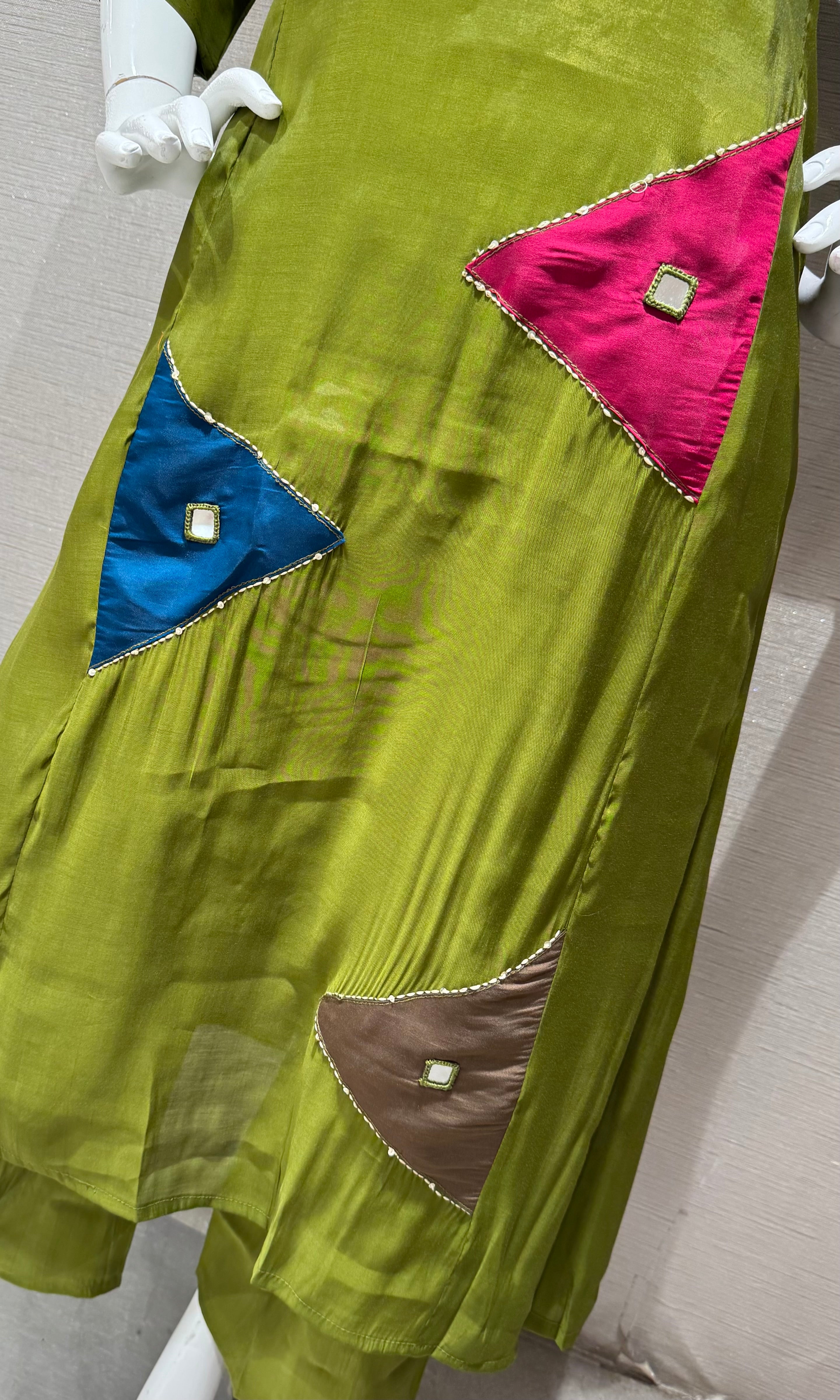 Olive Green Embroidered Kurta Set with Sheer Overlay