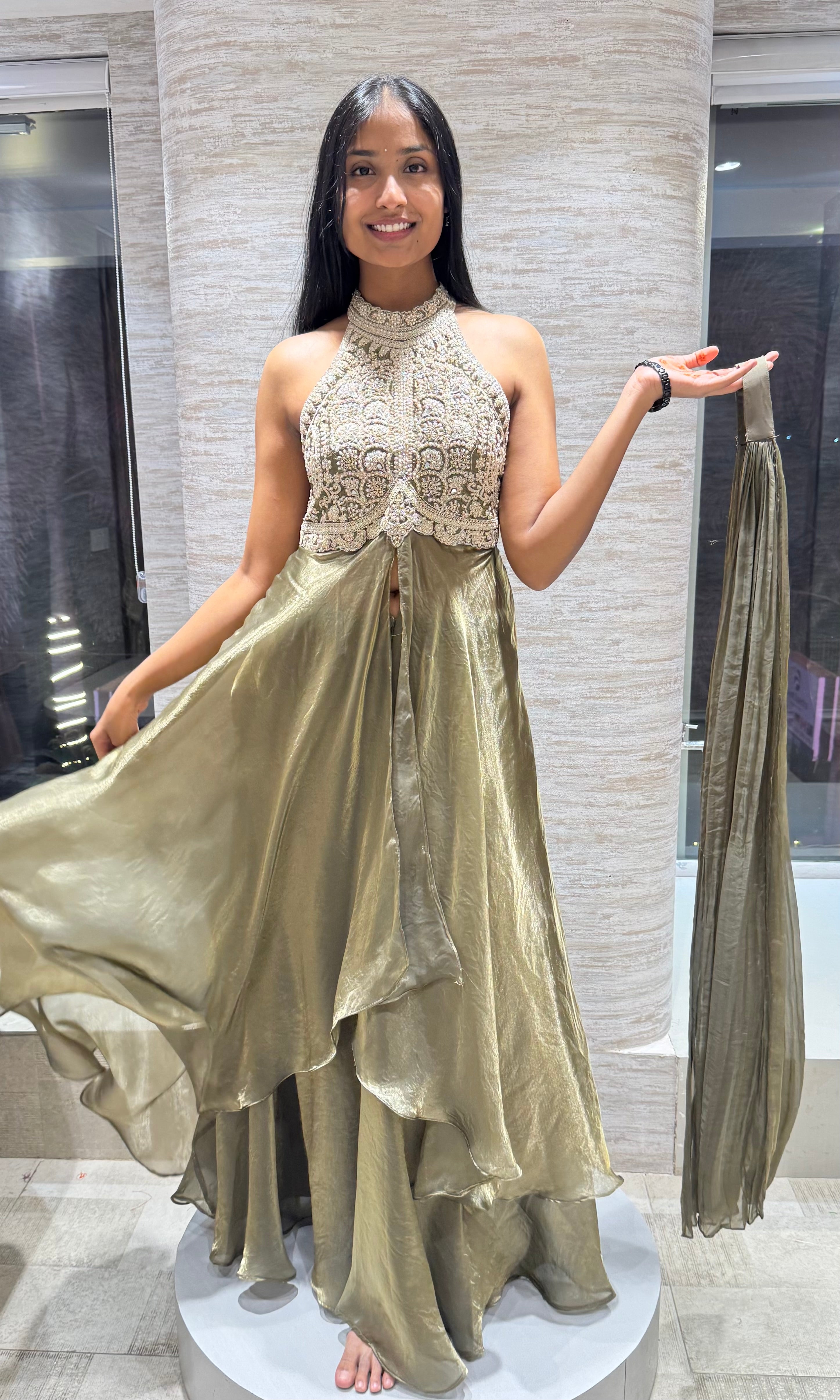 HALTER NECK ANARKALI SLIT TOP WITH FLARED PANTS