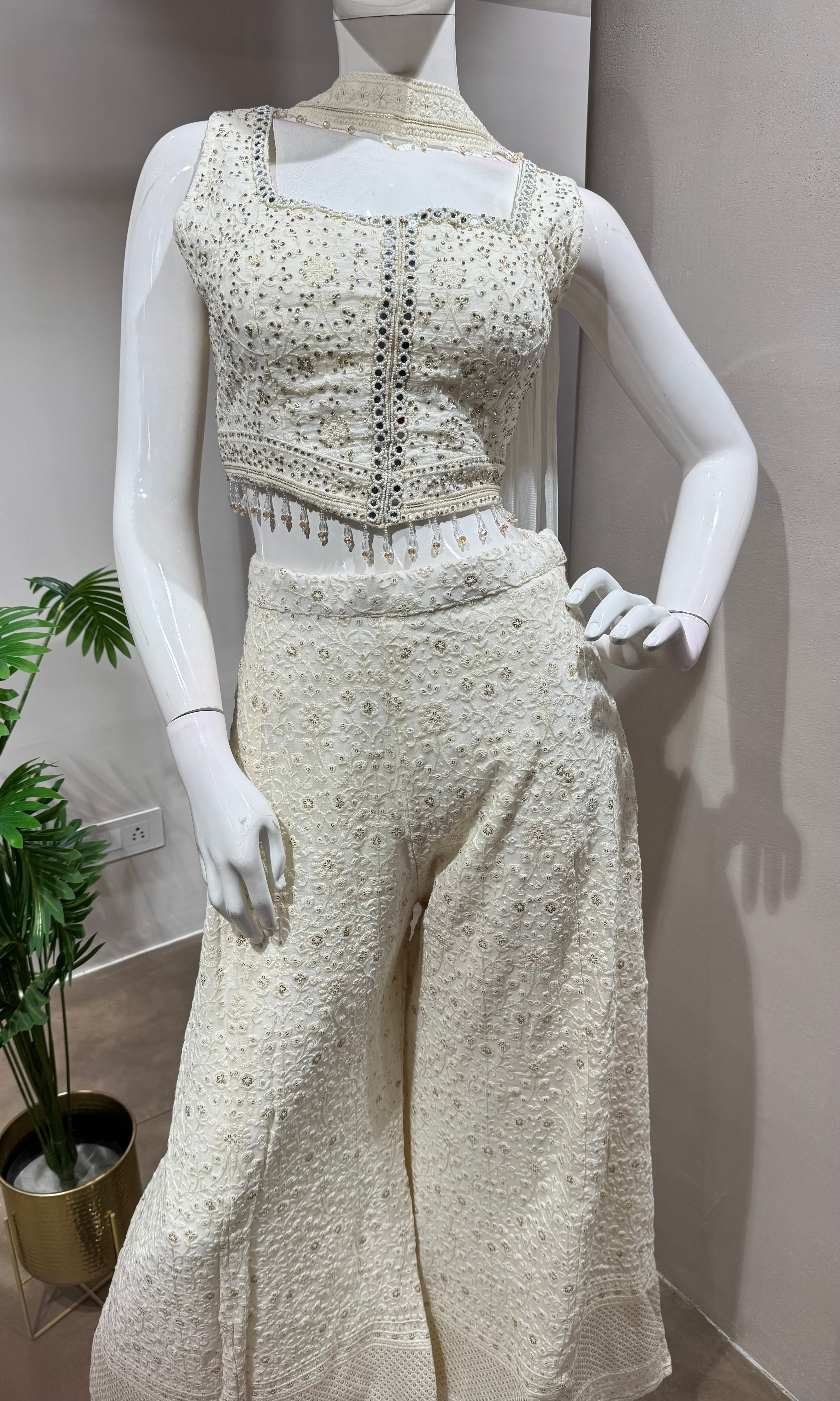 White EMBELLISHED Crop Top WITH Palazzo Set