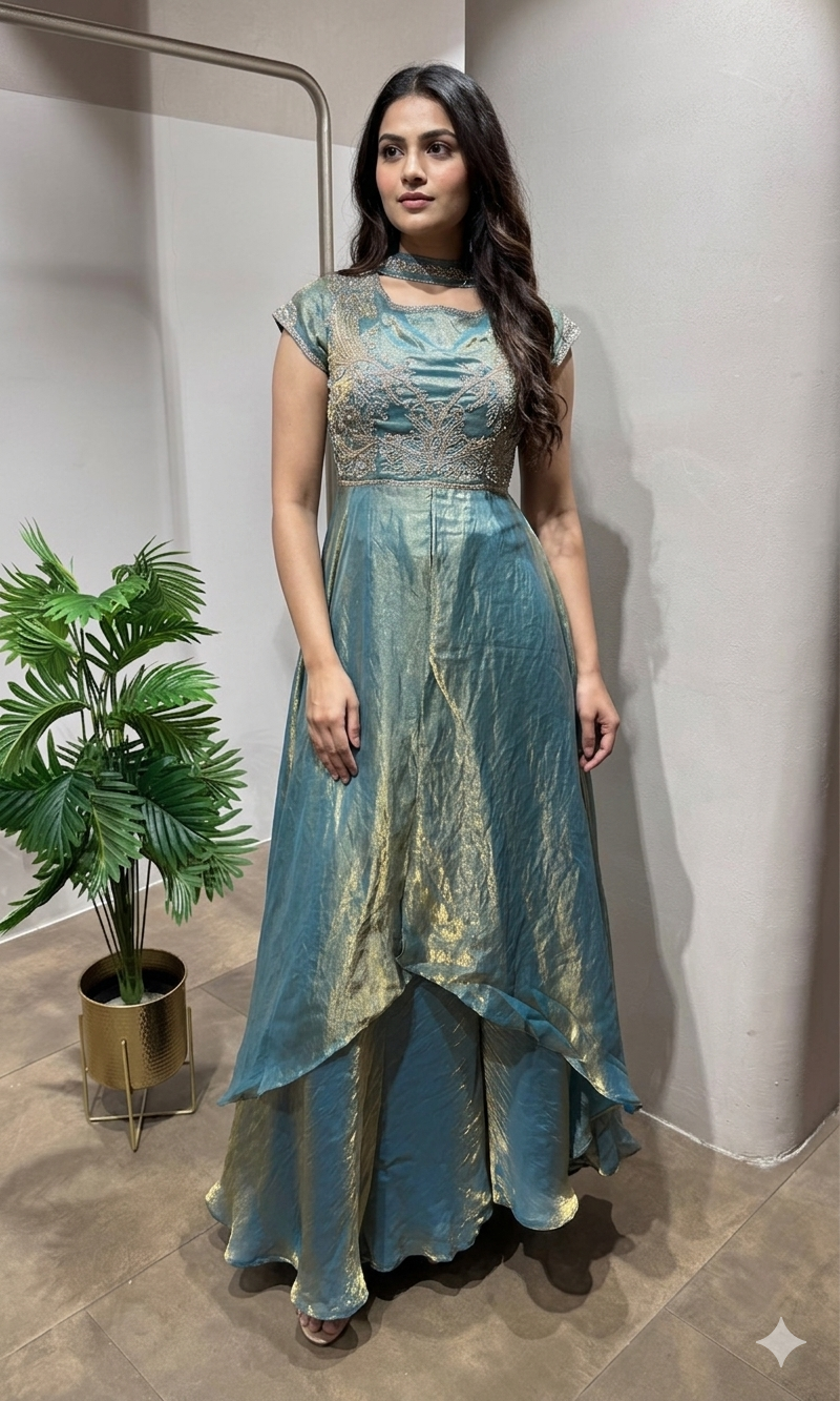 Blue Teal Shimmer Tissue Palazzo Set