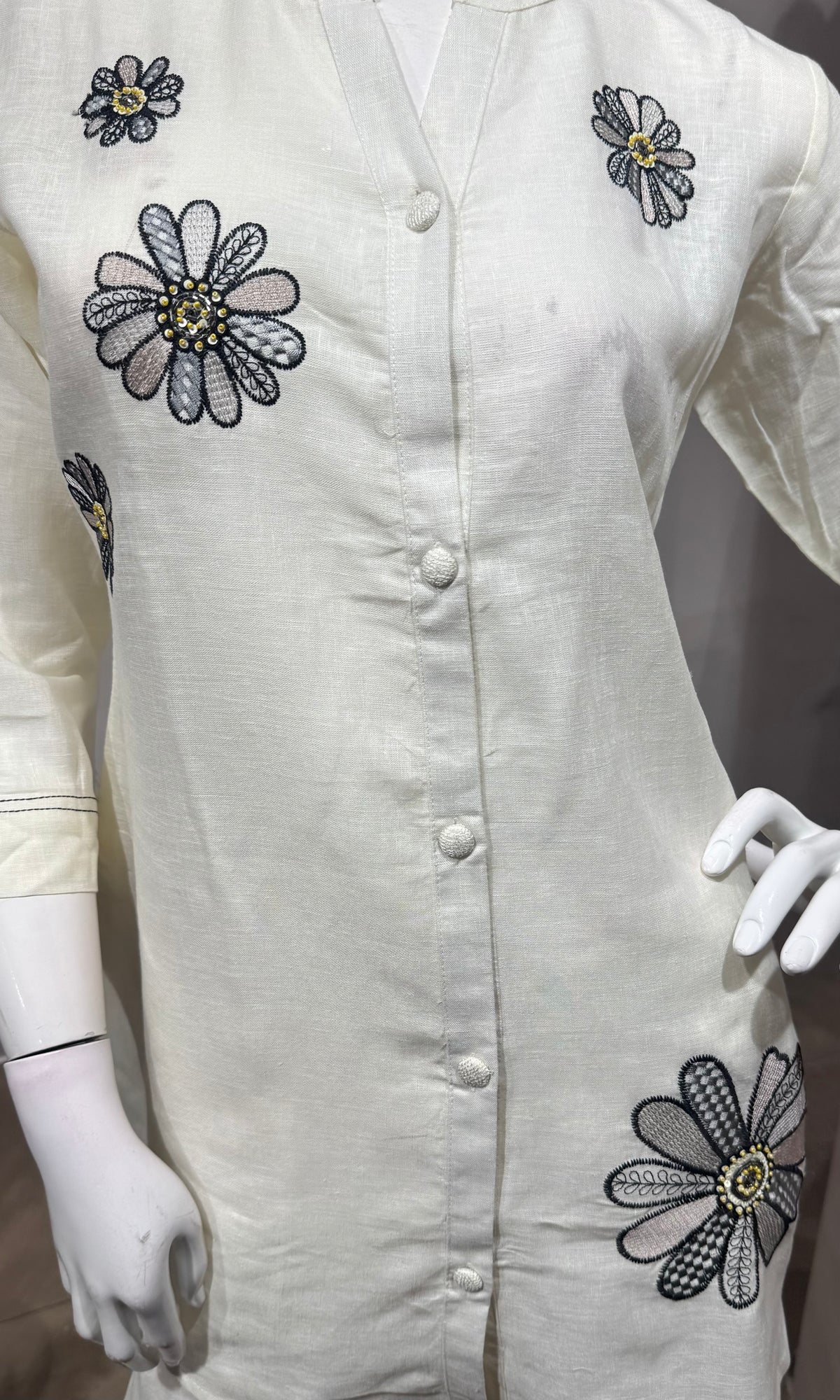 Cream Floral Embroidered Cord Set