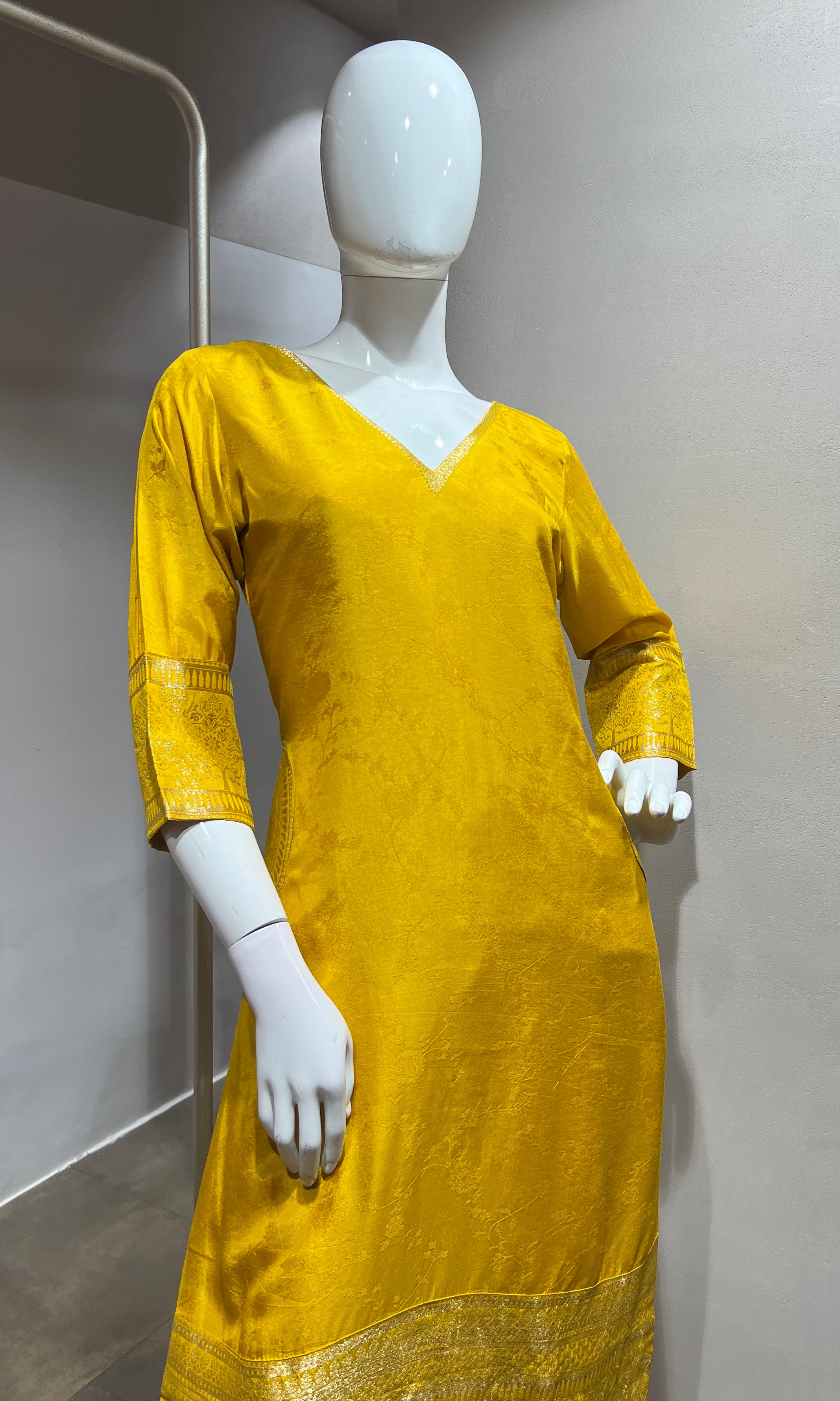 Yellow Silk Straight Kurta Set with Gold Border