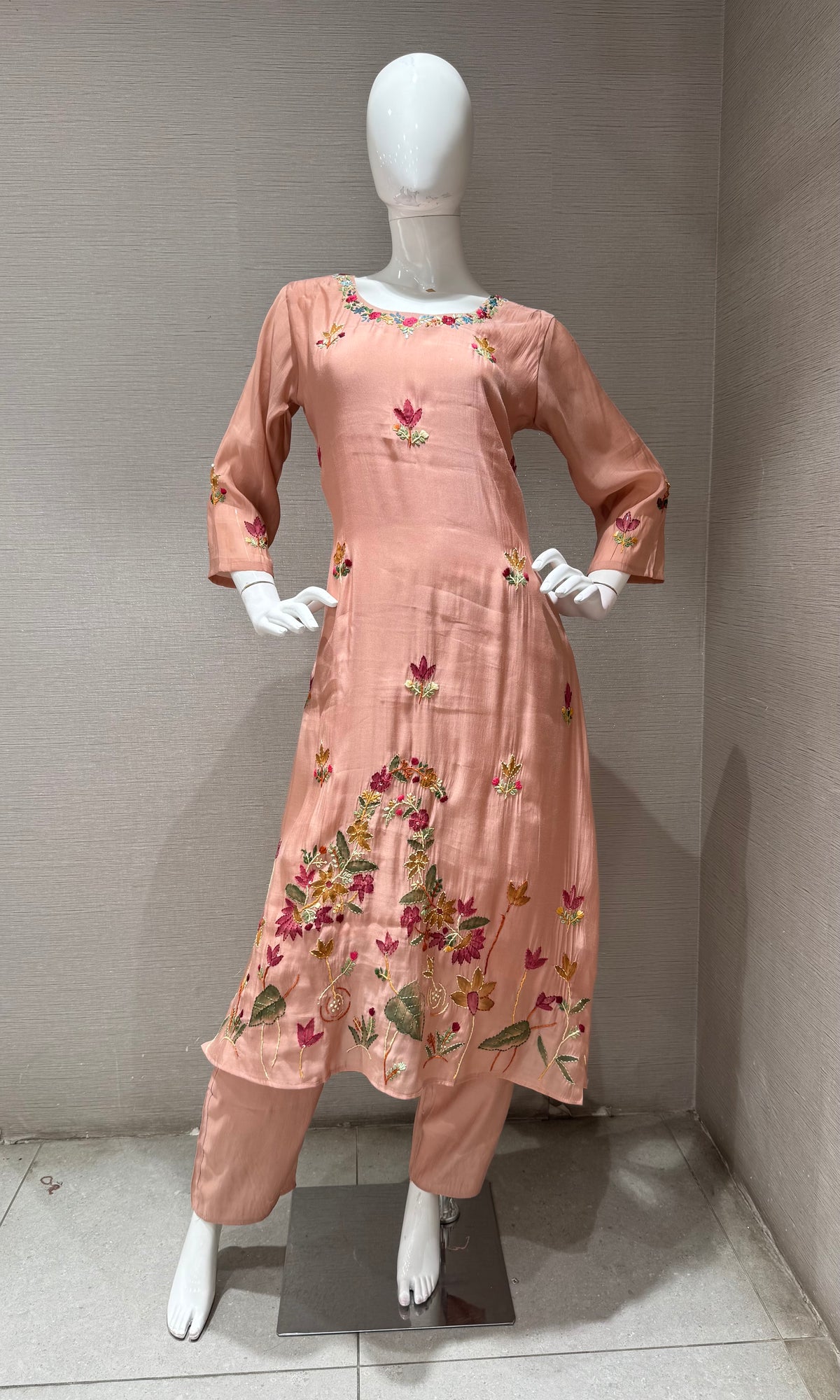 Peach Blossom Floral Embroidered Cotton Silk Kurta set