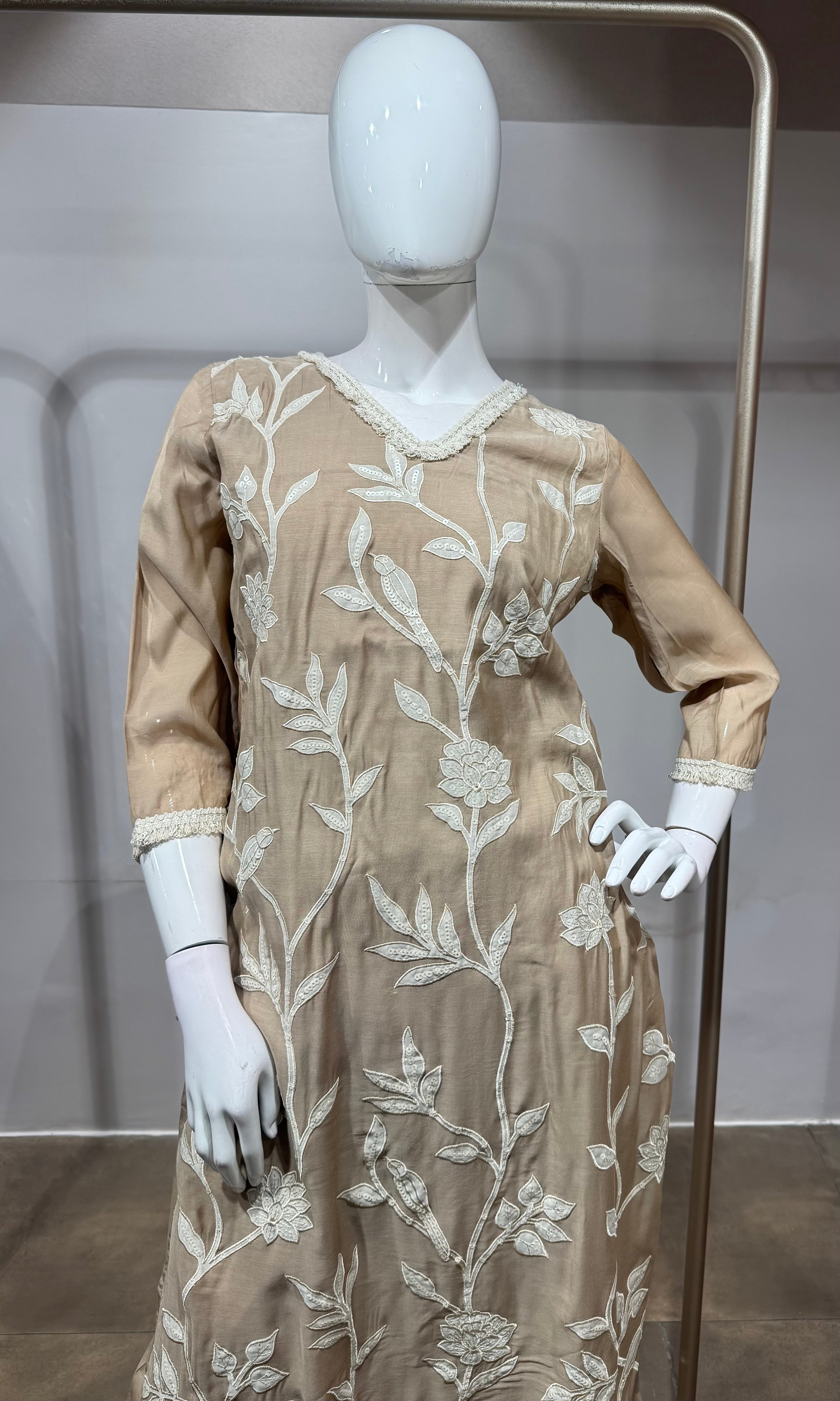 Beige floral thread embroidered kurta set
