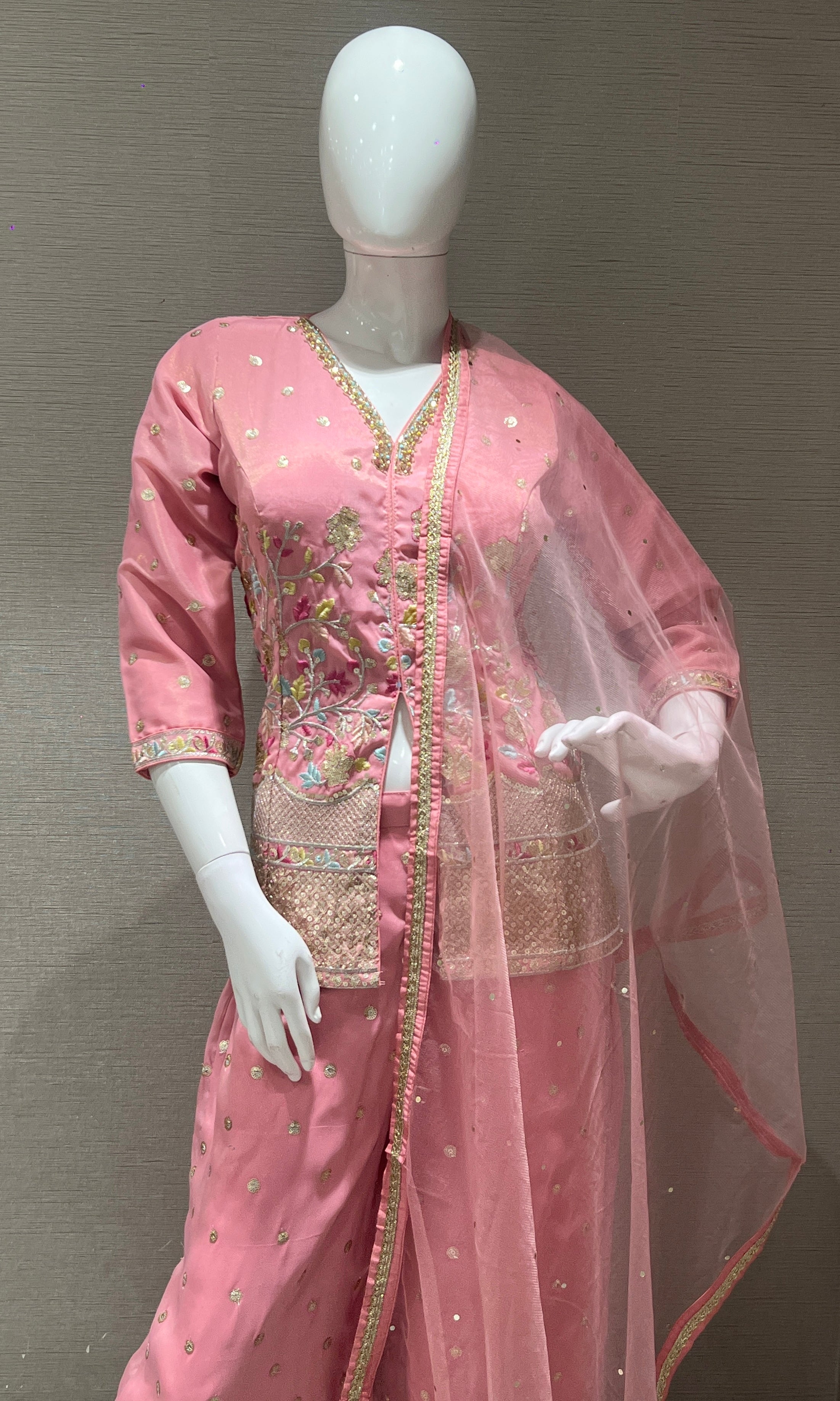 Rose Pink Floral Embroidered Palazzo set