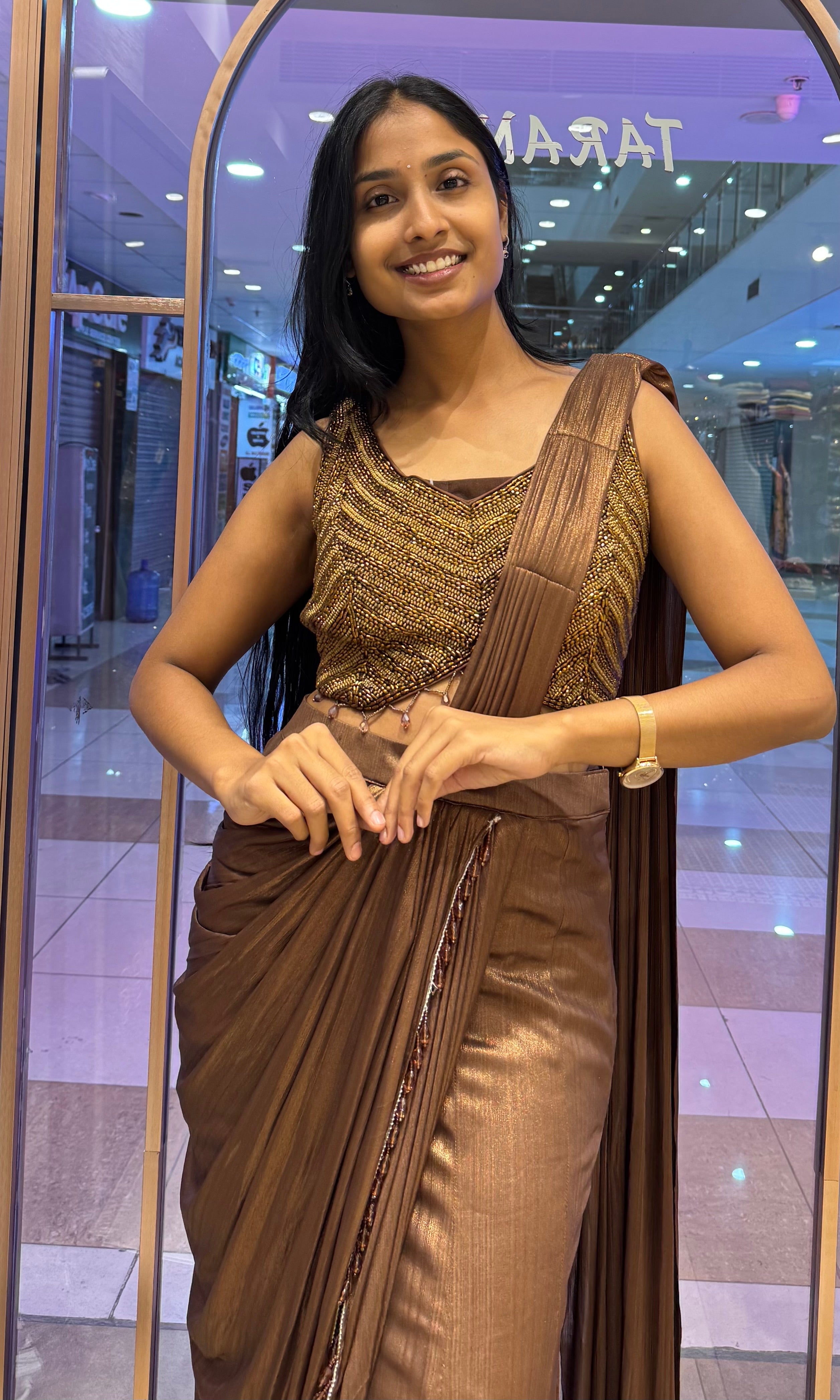 Copper Drape Saree with Beaded Blouse
