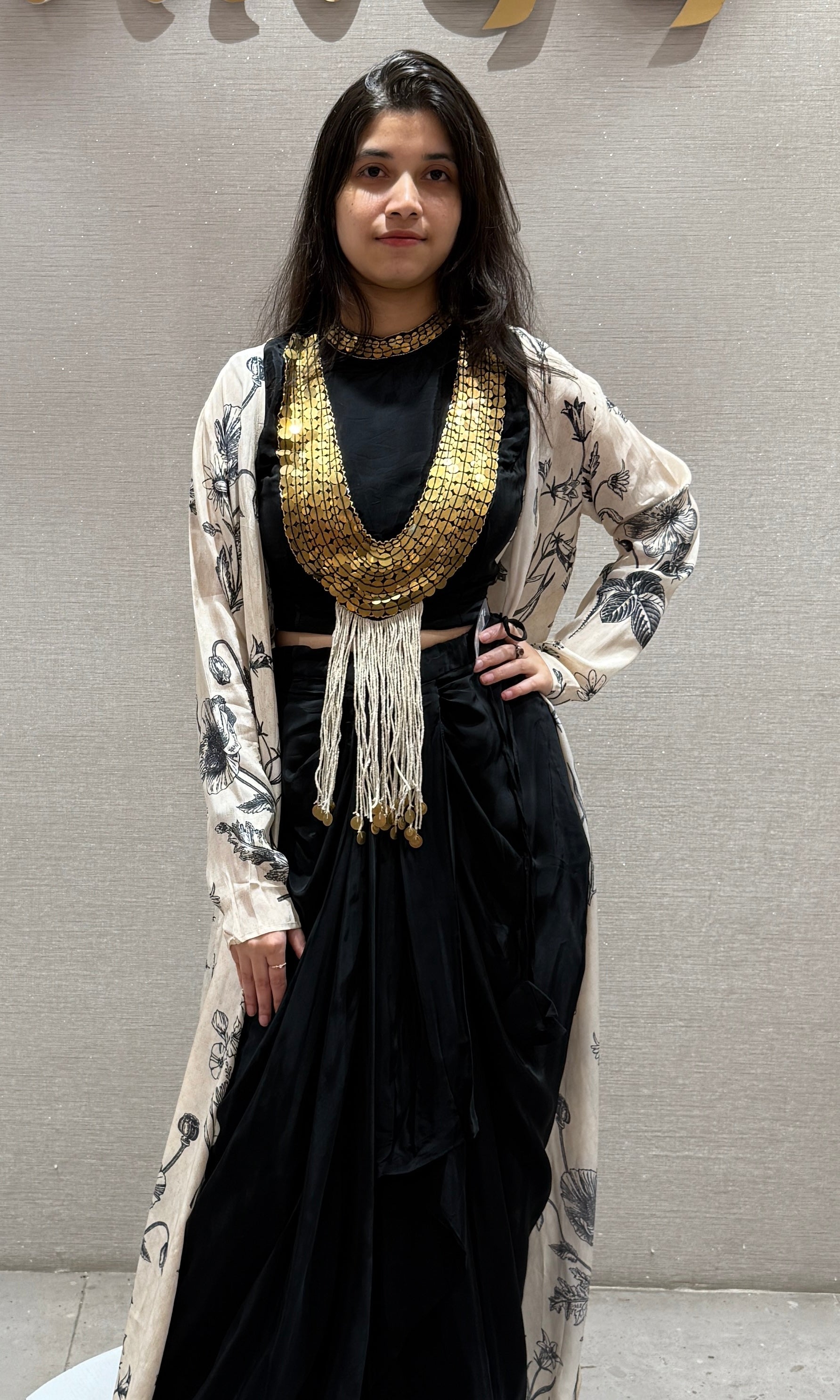 Midnight Black skirt with Printed Long Jacket