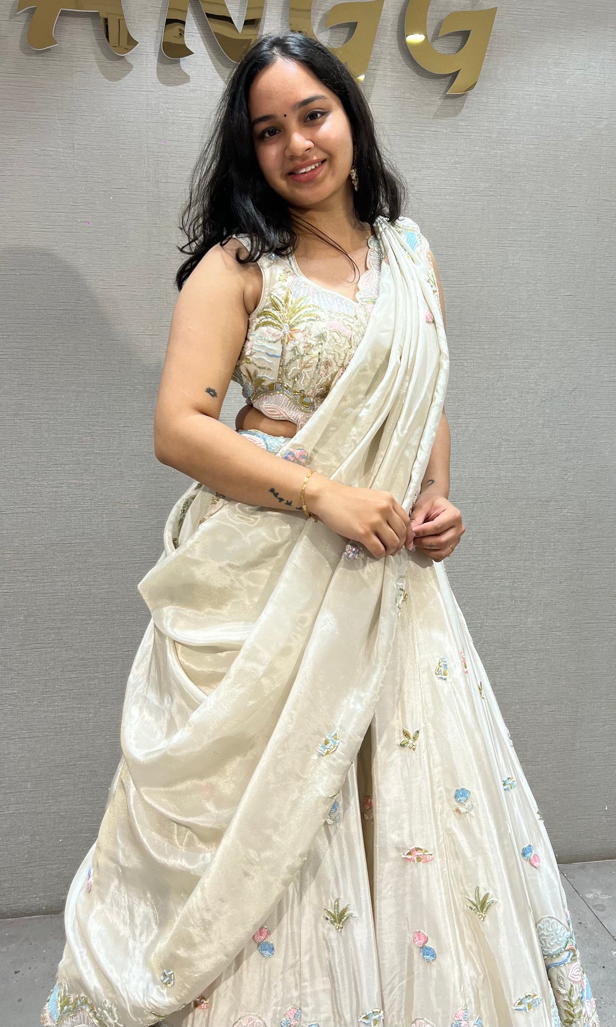 Cream Pastel Floral Embroidered Lehenga Set