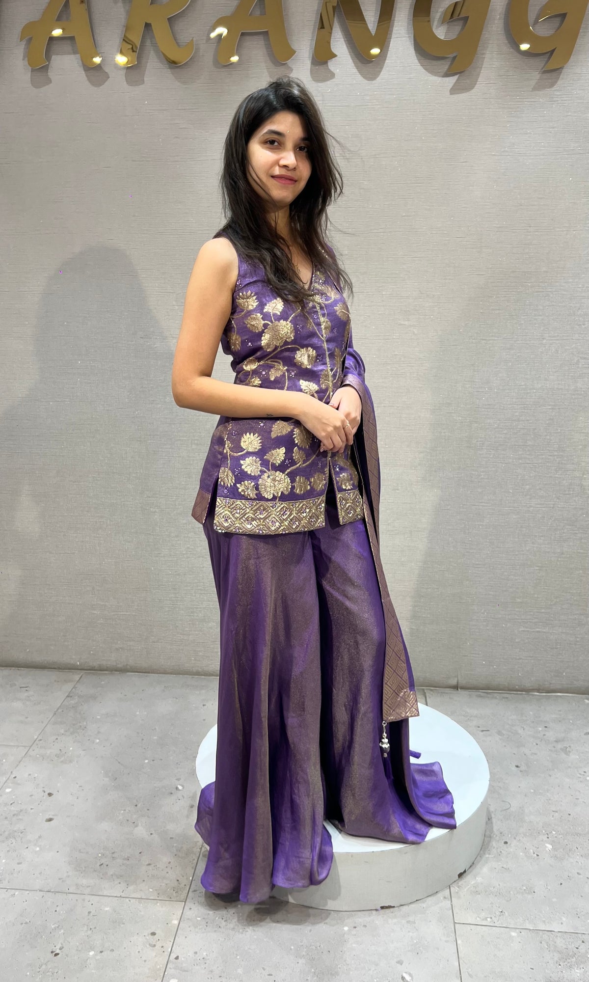 Purple tissue silk Embroidered Peplum Palazzo set
