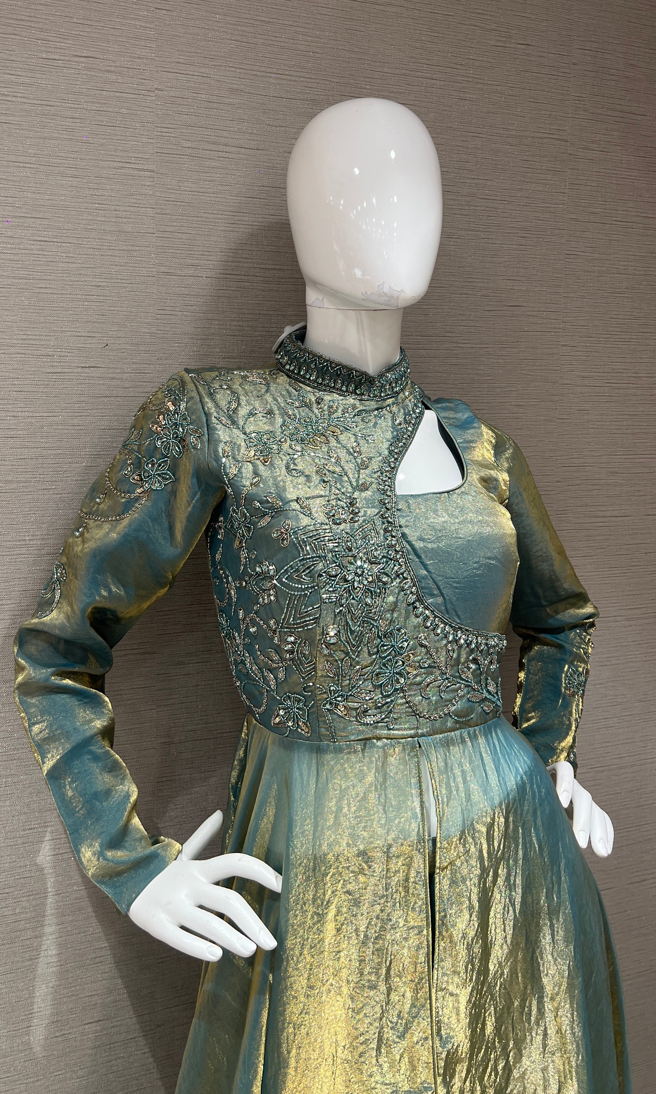 Metallic Blue with Gold Embroidered Anarkali palazzo set