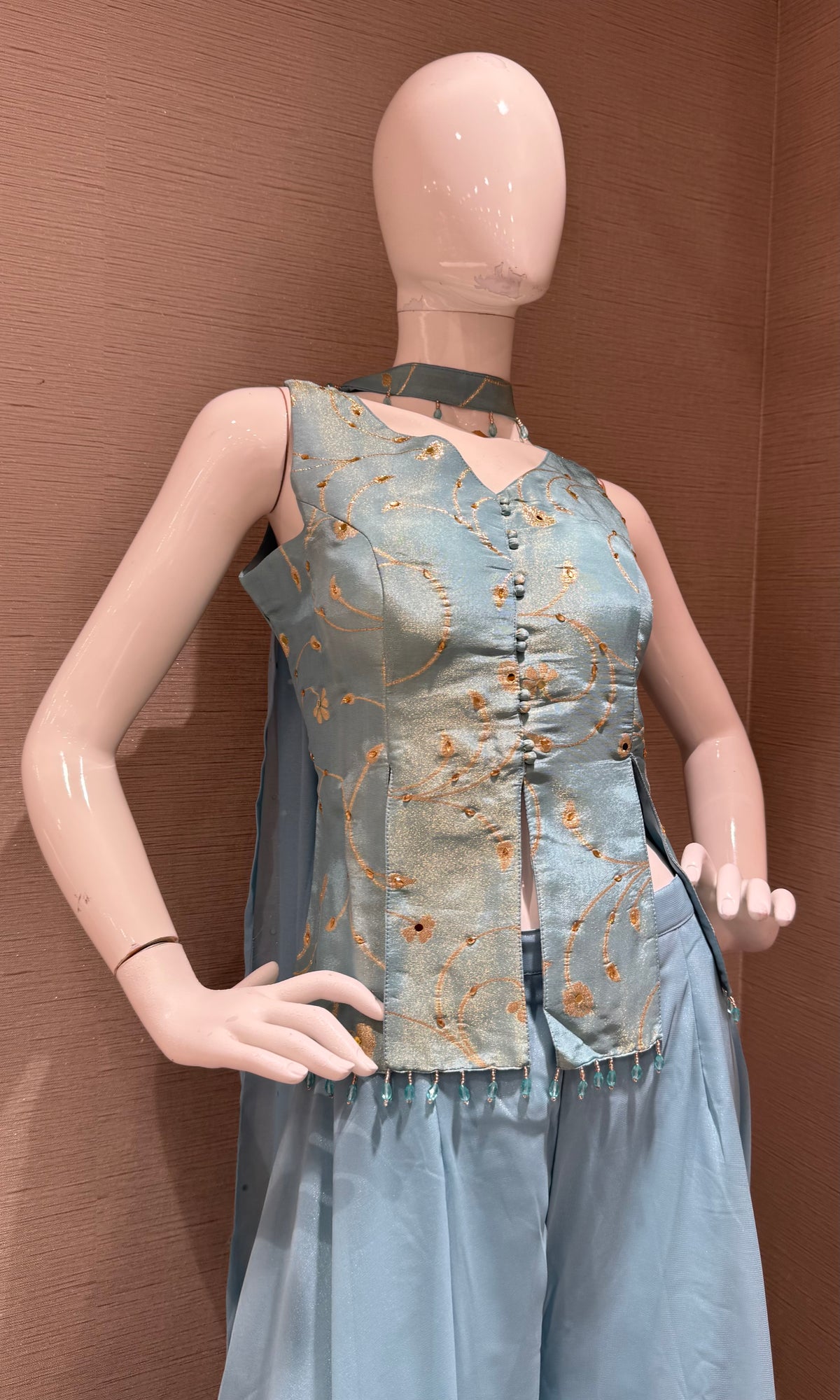 Sky Blue Floral Brocade Top & Georgette Palazzo Set