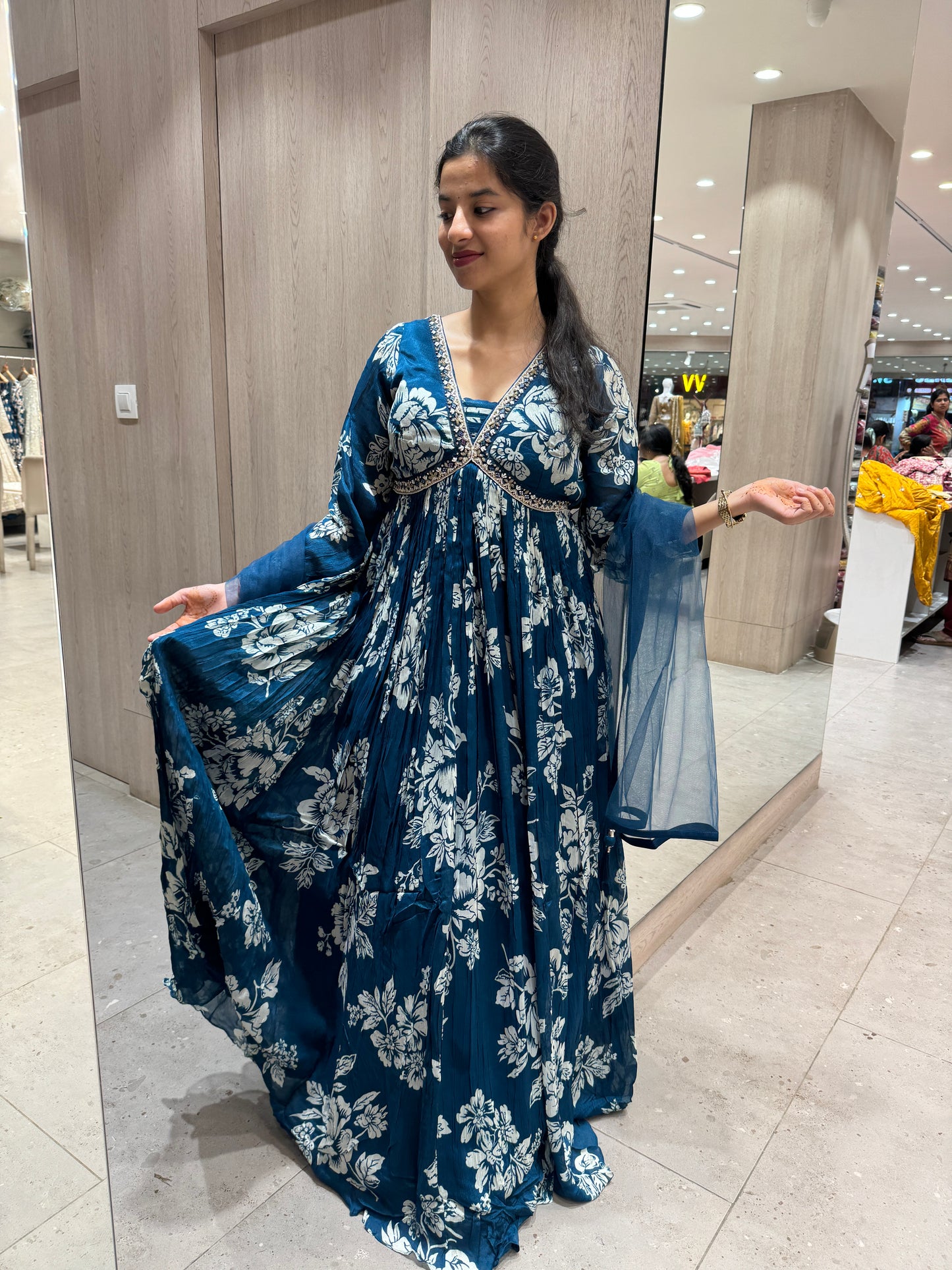 Blue floral print Alia cut long dress , frock gown