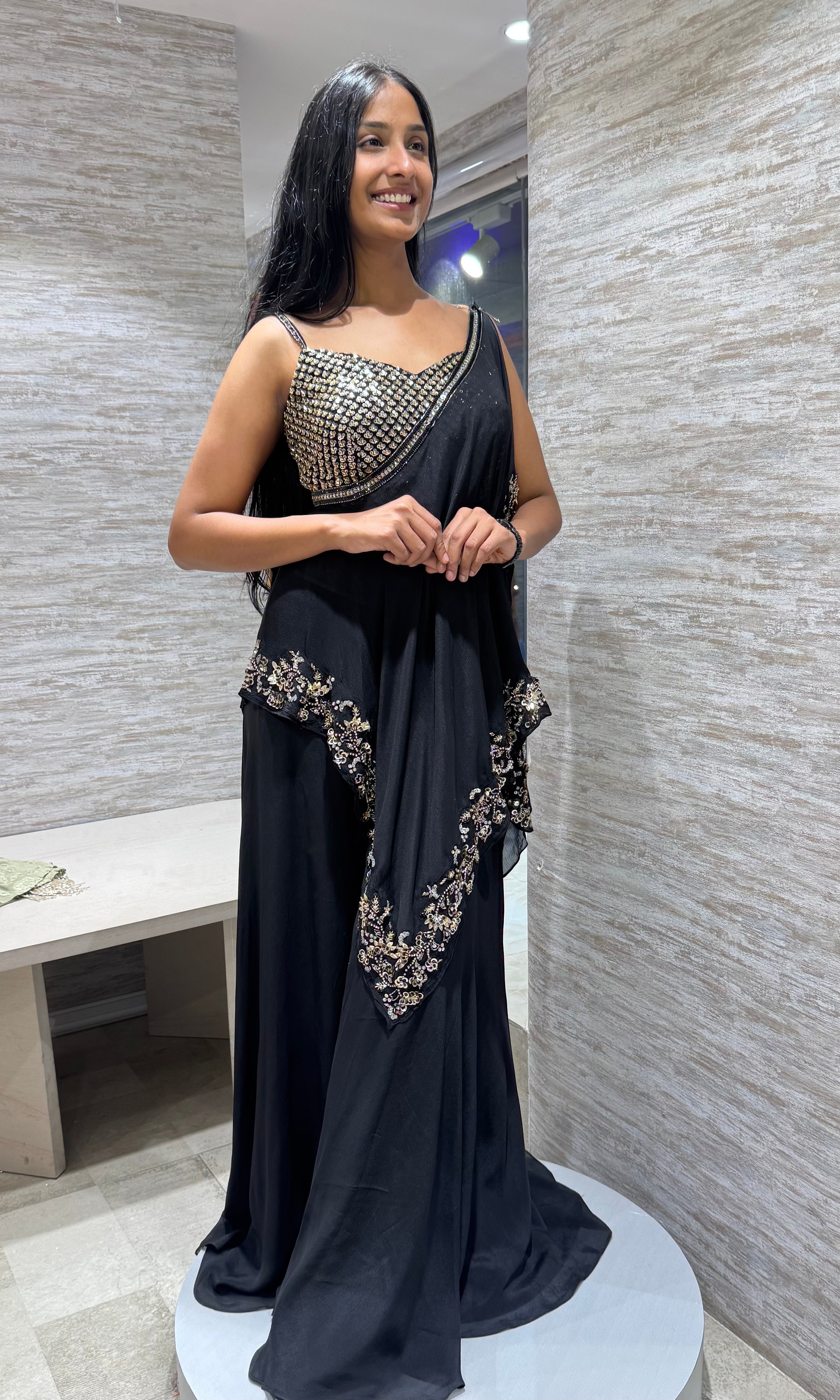 Black gold sharara with asymmetrical blouse