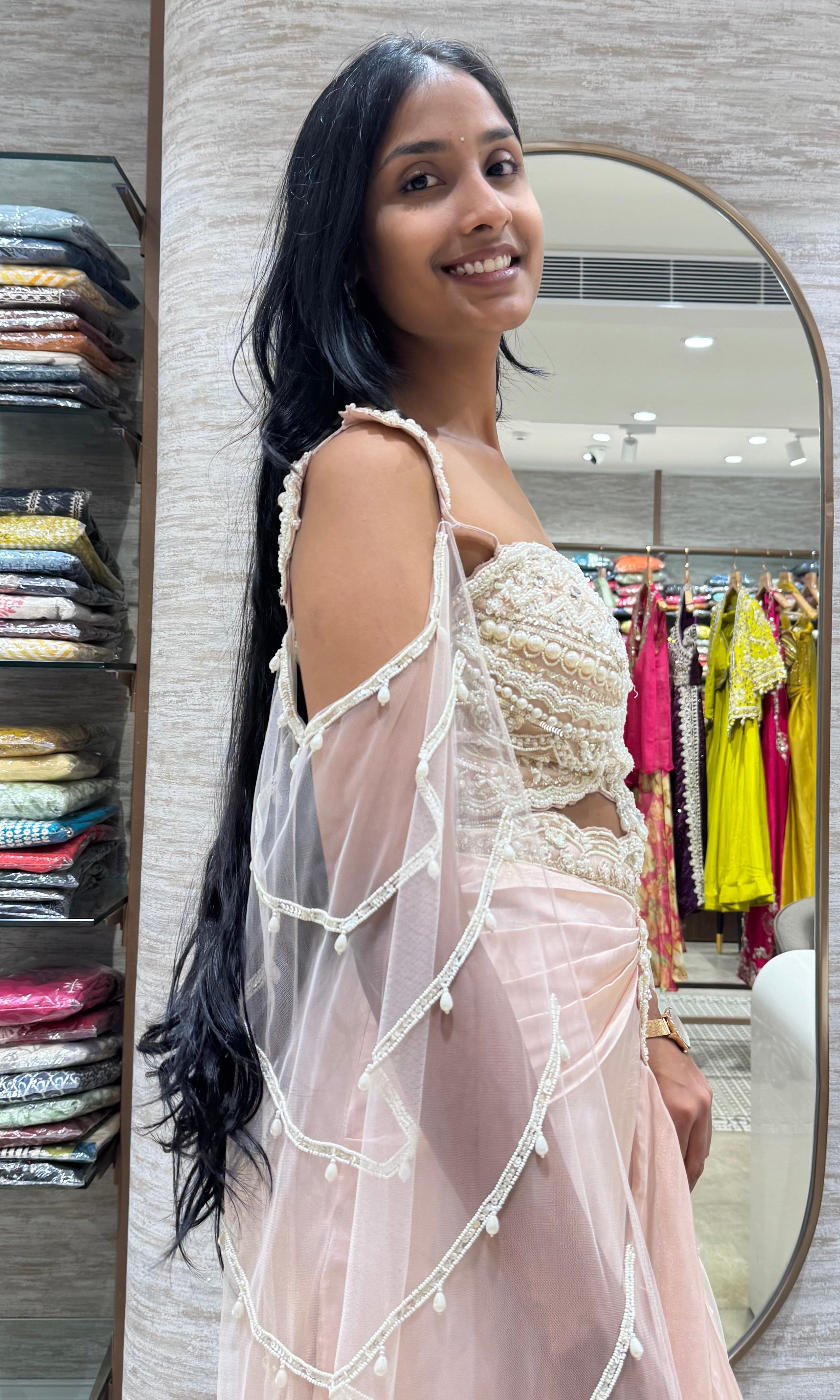 Baby Pink Butterfly Blouse with Draped Skirt