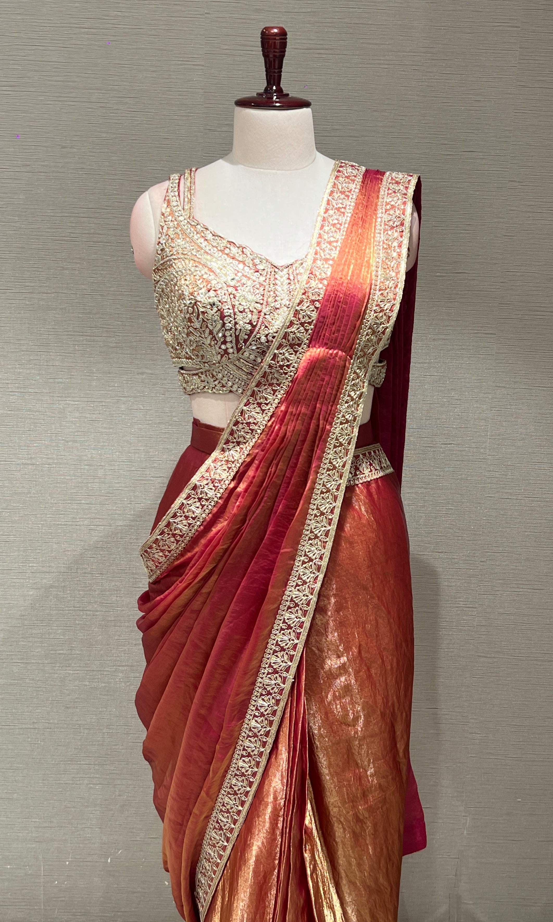 Rust Gold Drape SAREE WITH CORSET BLOUSE