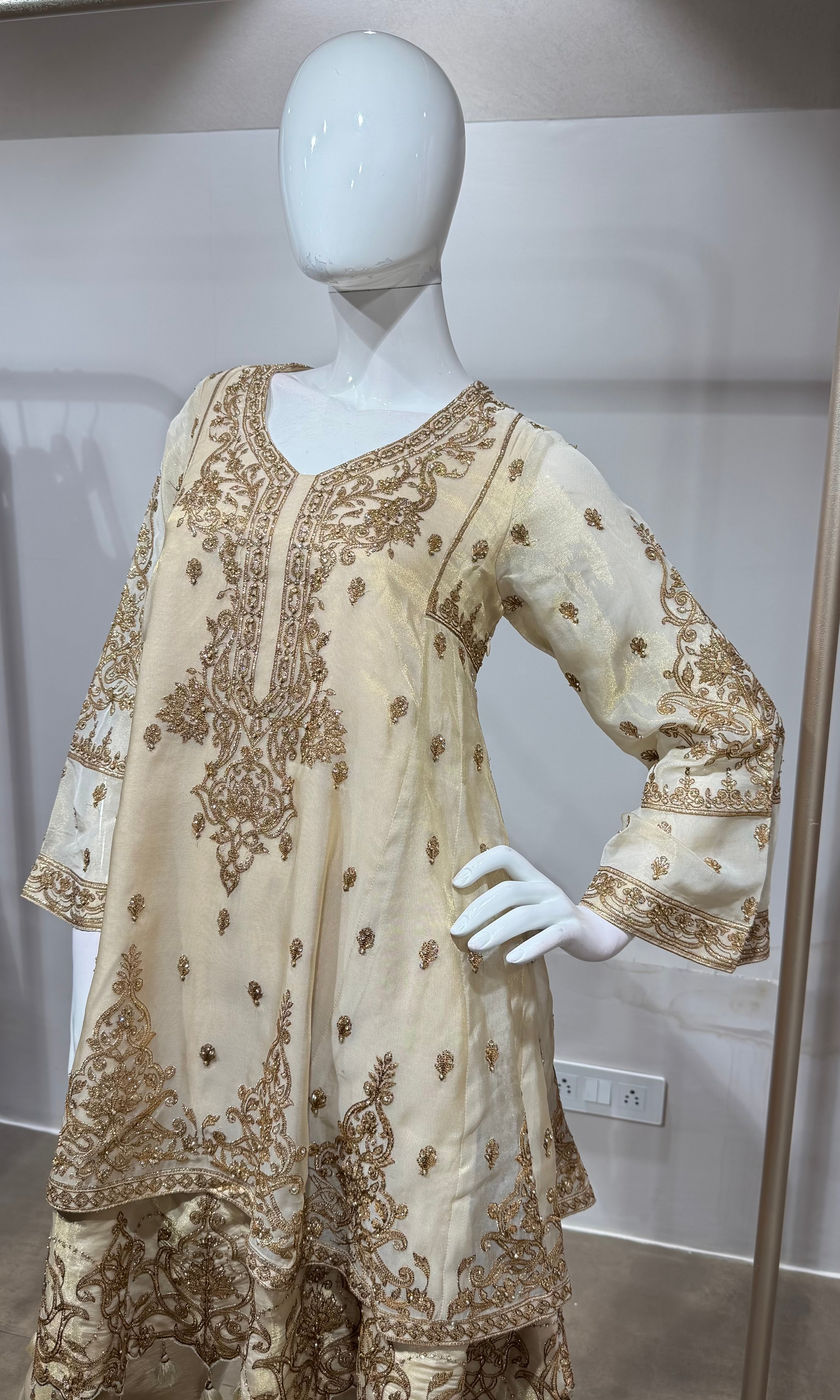 gold tissue suit with golden embroidery & straight pants