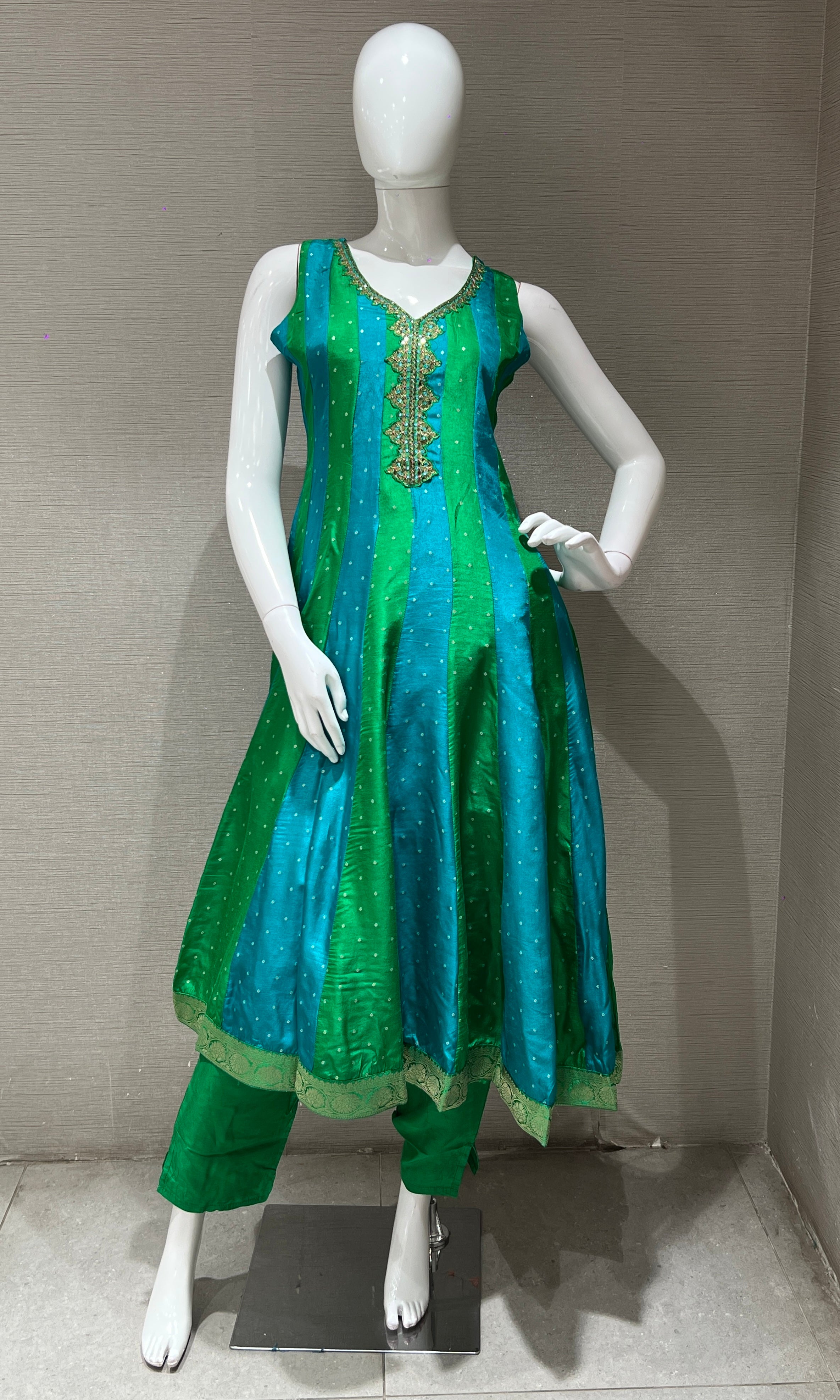 Green Embroidered Anarkali with Contrast Dupatta