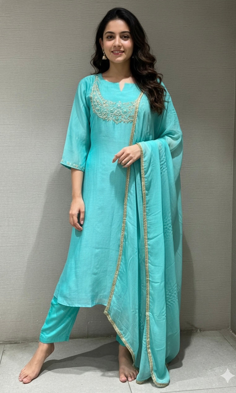 Sea green MUL CHANDERI  KURTA SET