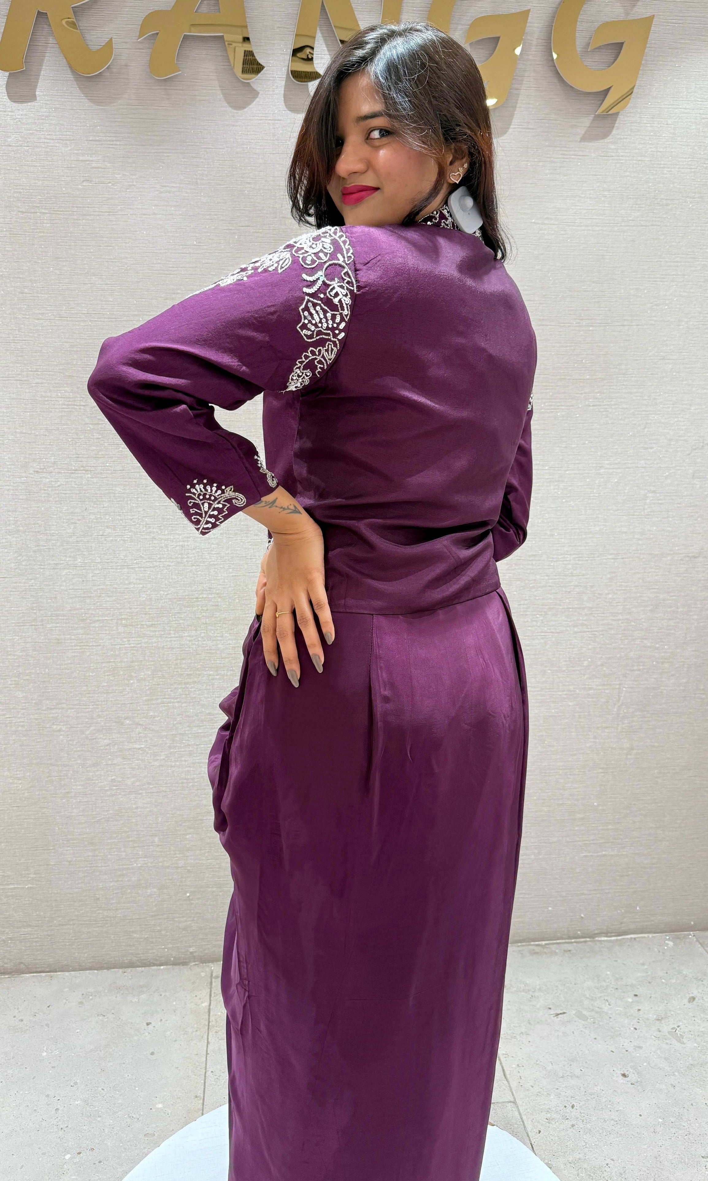 Wine 3 PIECE INDO WESTERN DRESS, COAT CROP TOP SKIRT