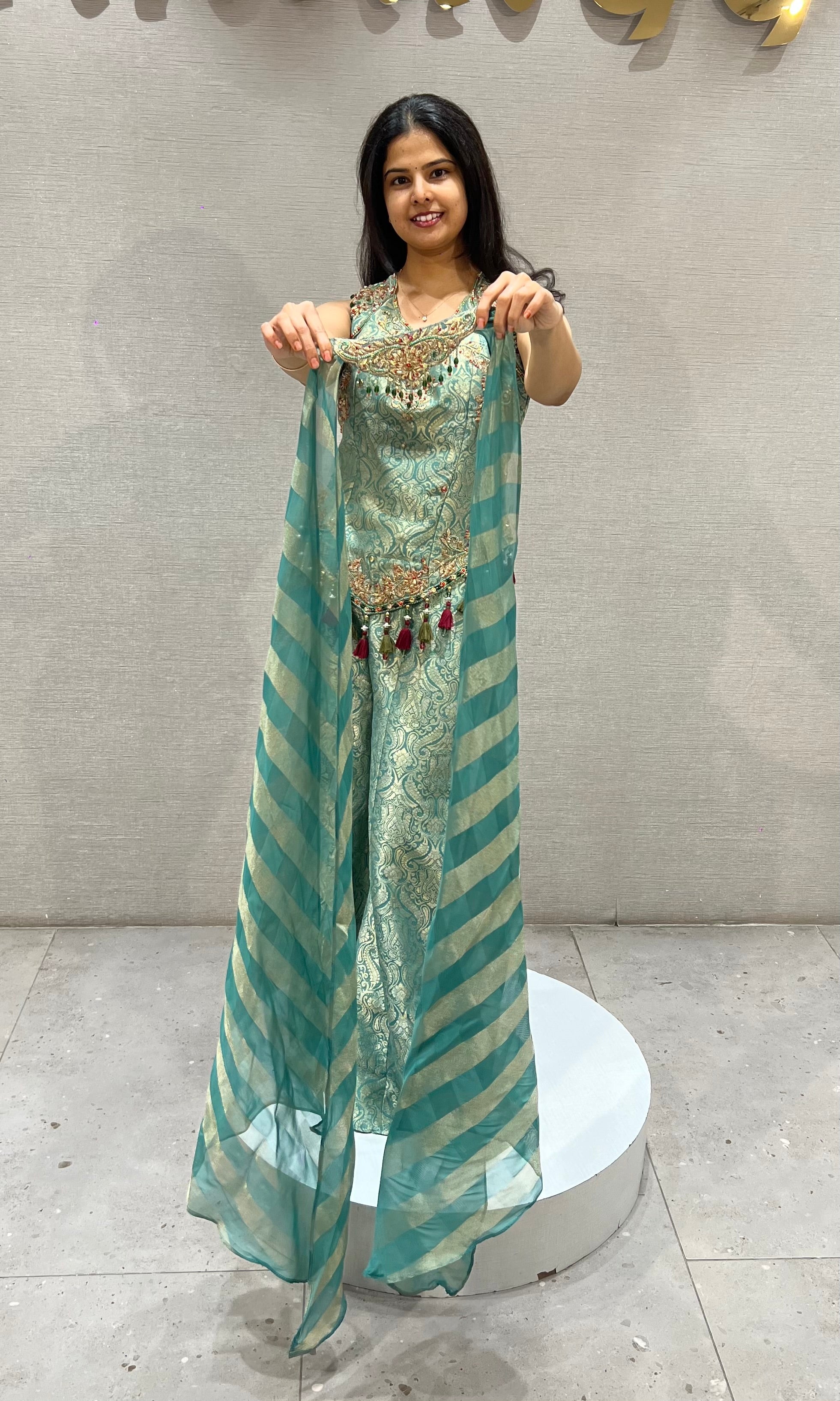 Green Gold Floral Banarasi Silk Brocade Peplum palazzo set