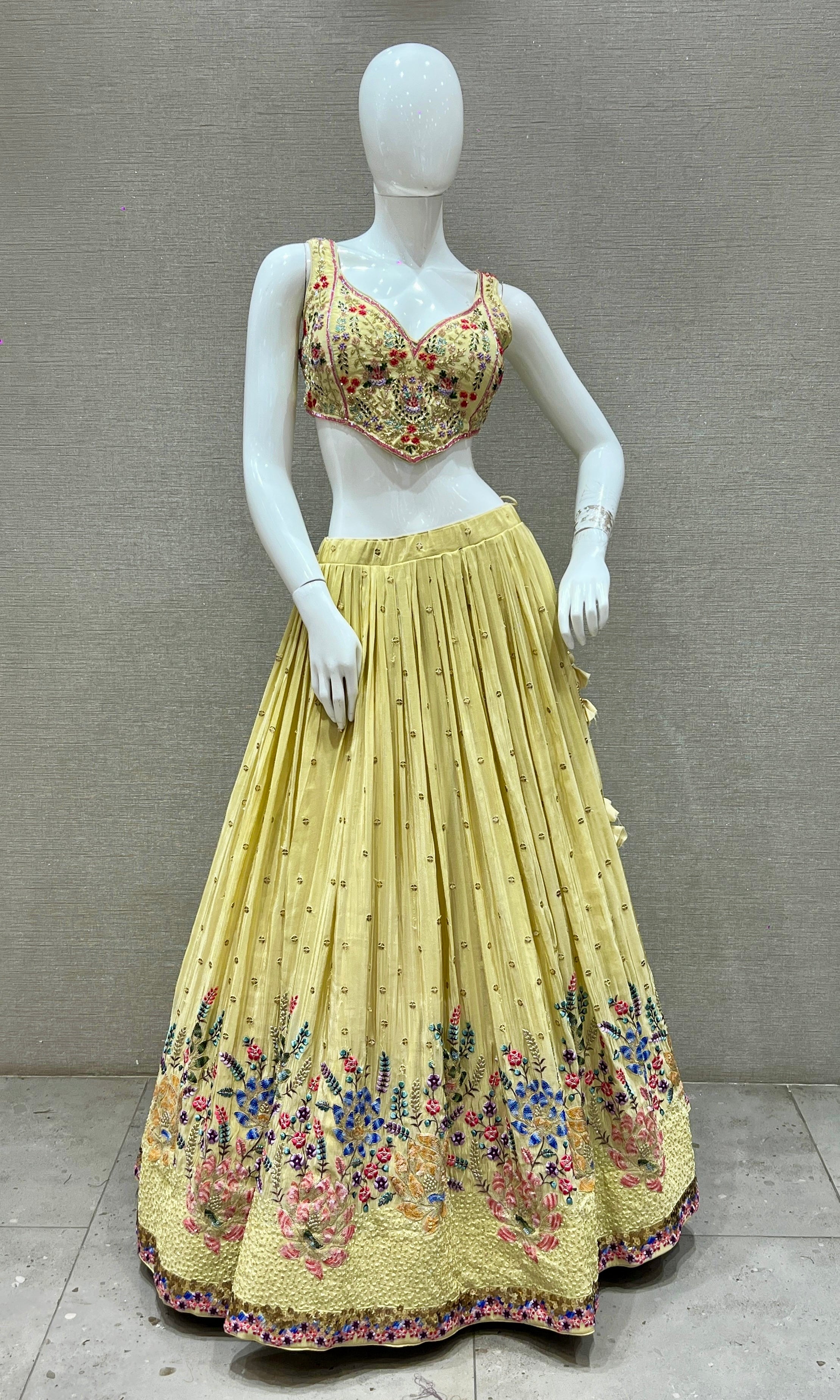Pastel Butter Yellow Lehenga with Multicolor Floral Embroidery