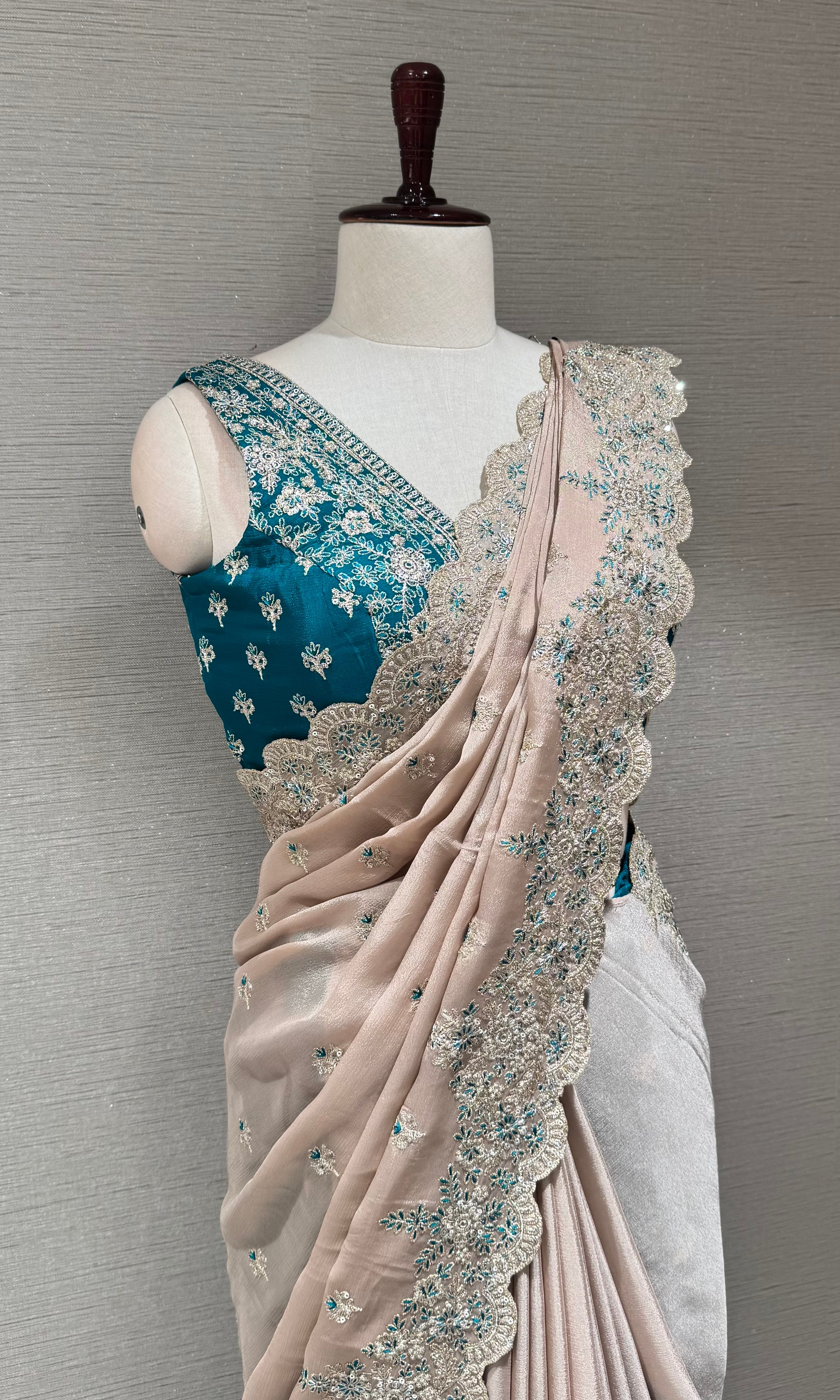 Champagne Silk Saree with Peacock Blue Blouse