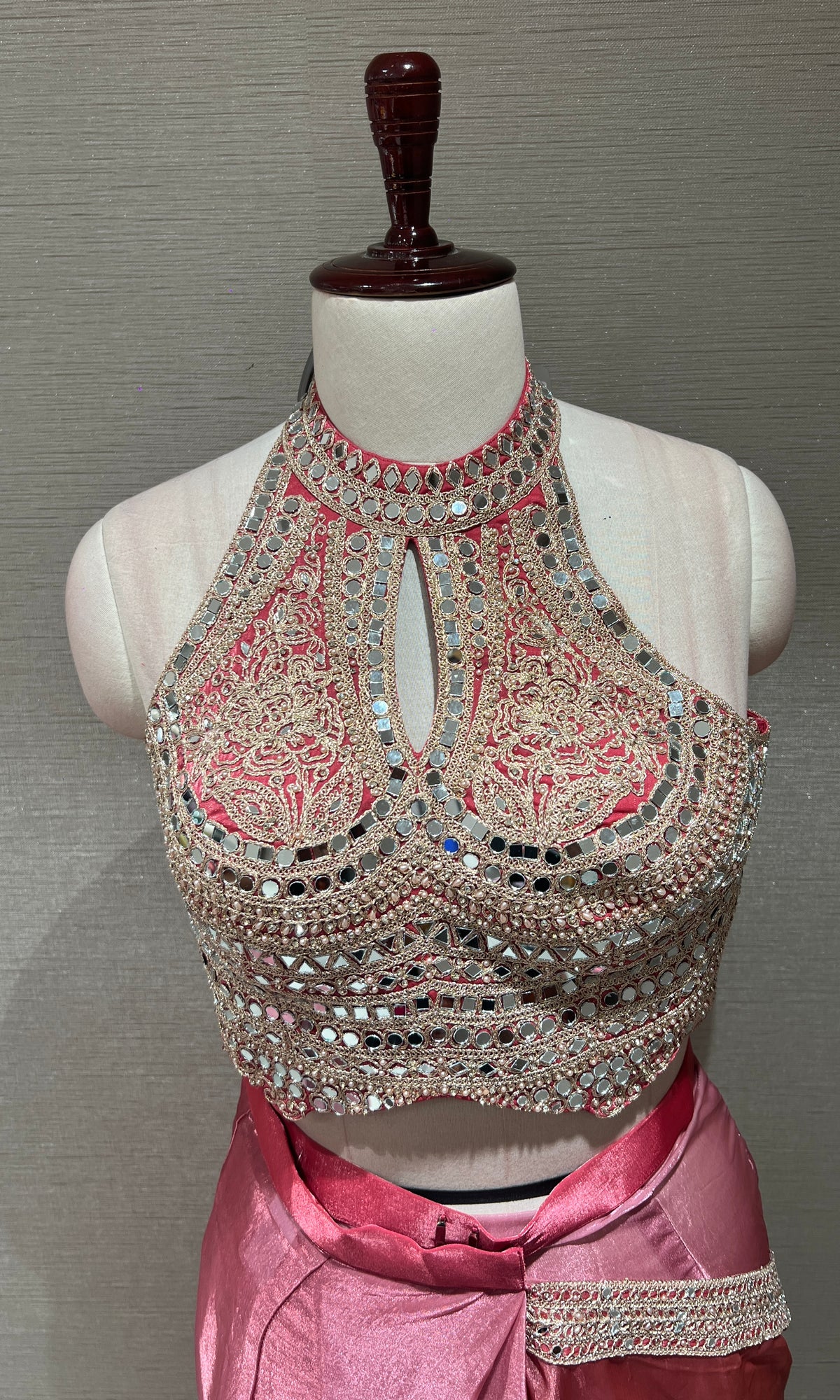 blush pink saree with Embellished halter neck blouse
