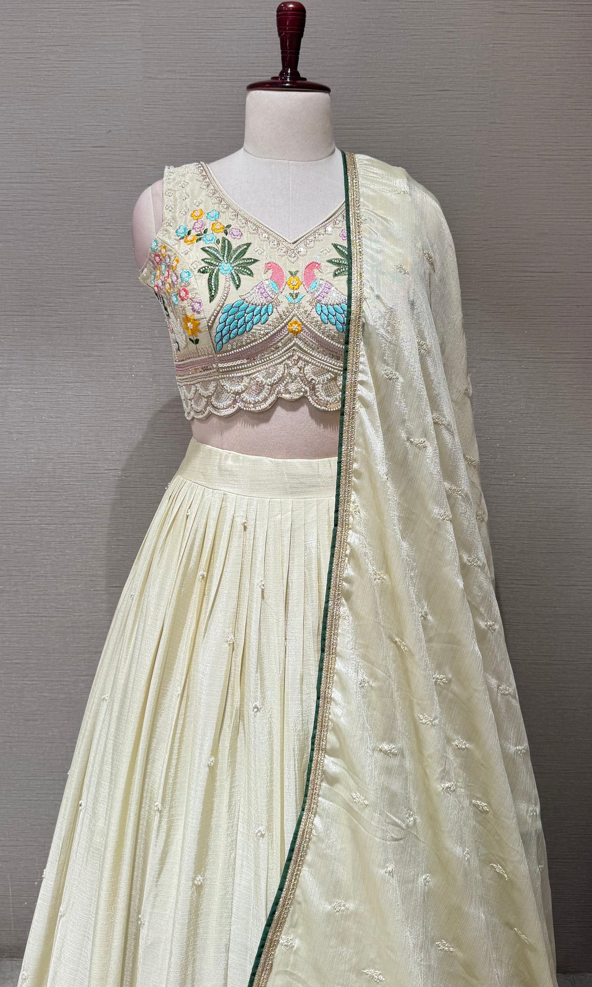 Cream Tissue silk Lehenga with Peacock & Floral Embroidery