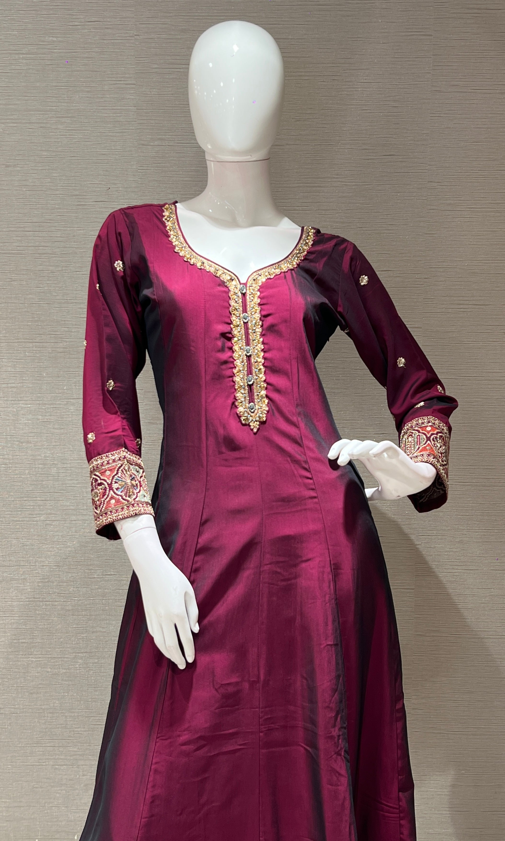 wine gold embroidery anarkali set