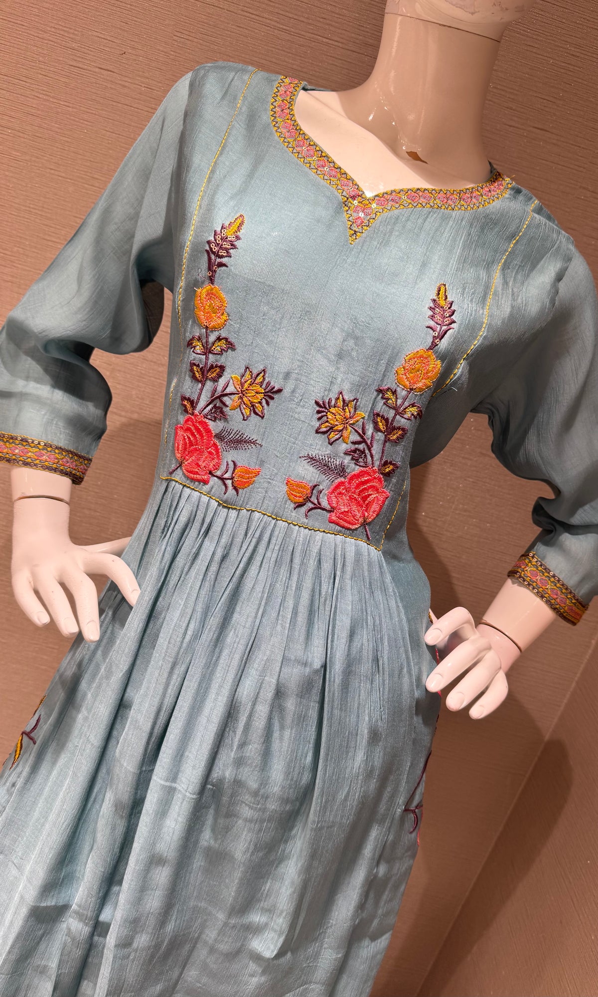 Blue Floral mul chanderi kurta set with dupatta