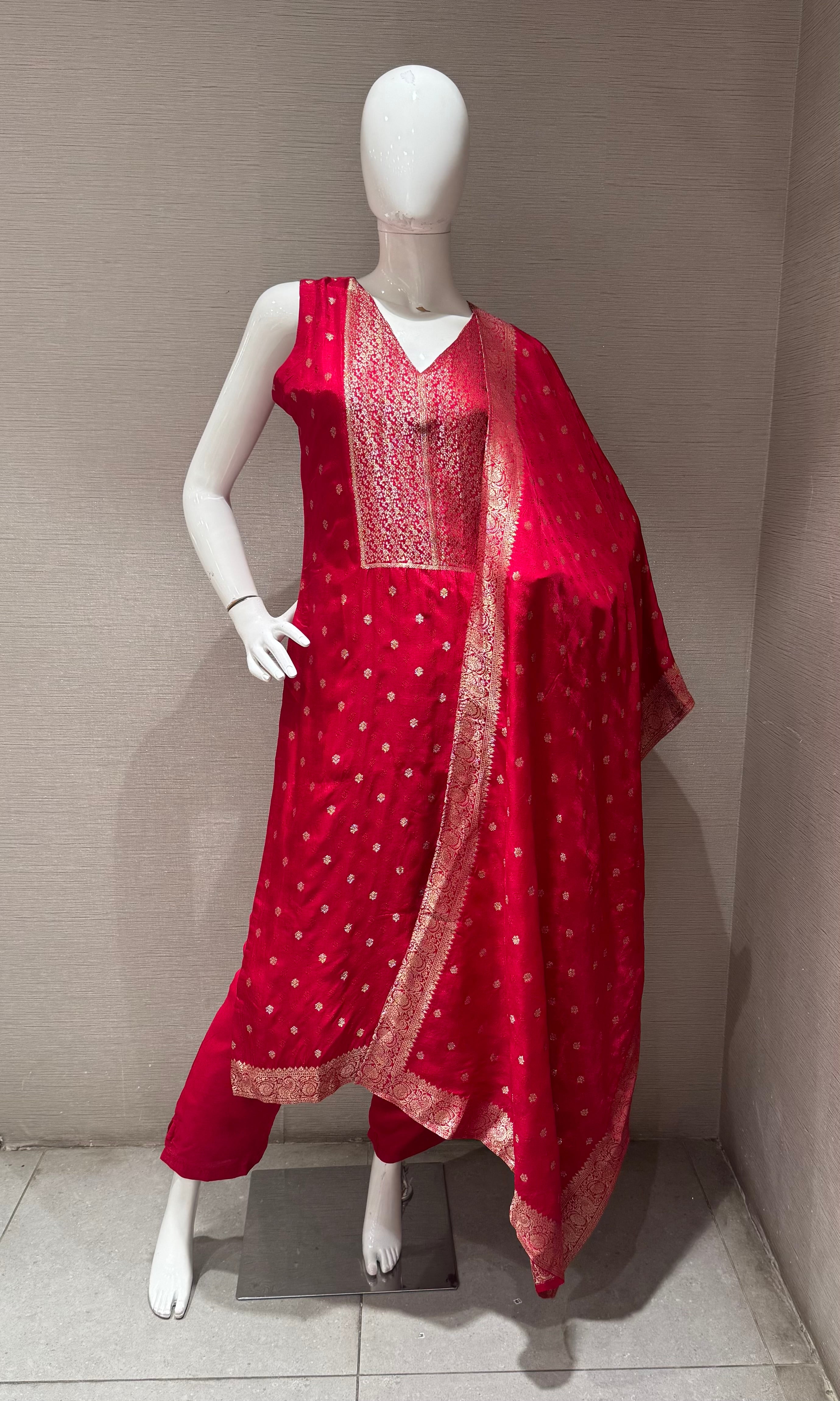 RED Banarasi silk Kurta set with Golden Border dupatta