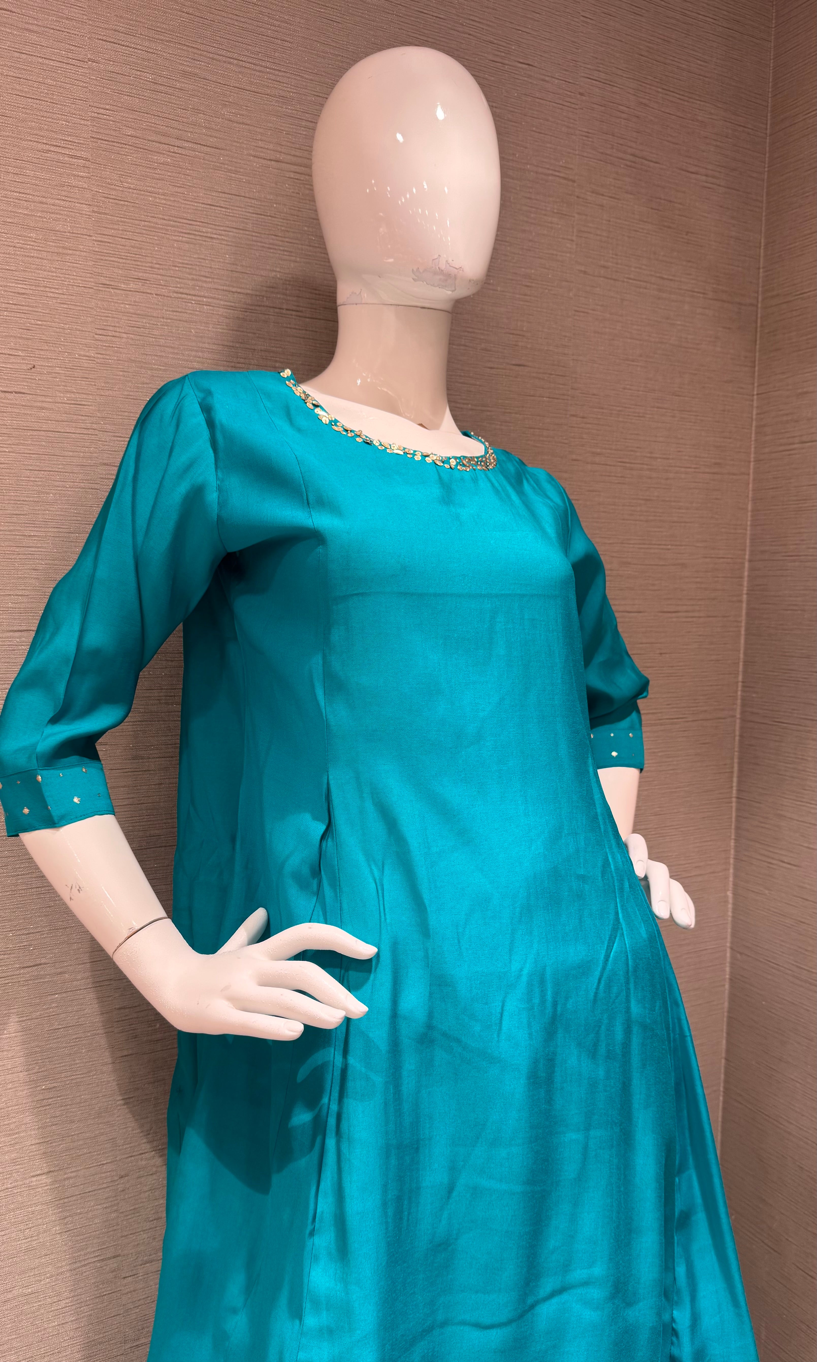 Rama Kurta Set with Flared Palazzo Pants With Cream Dupatta