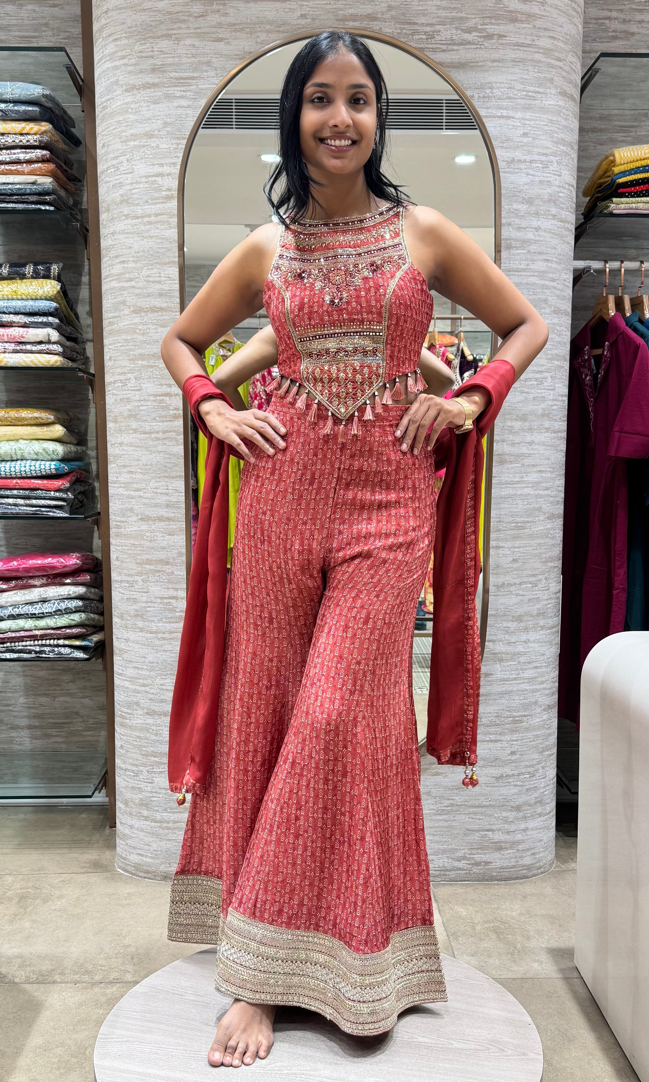RUST EMBELLISHED BLOUSE WITH PLAZZO PANTS
