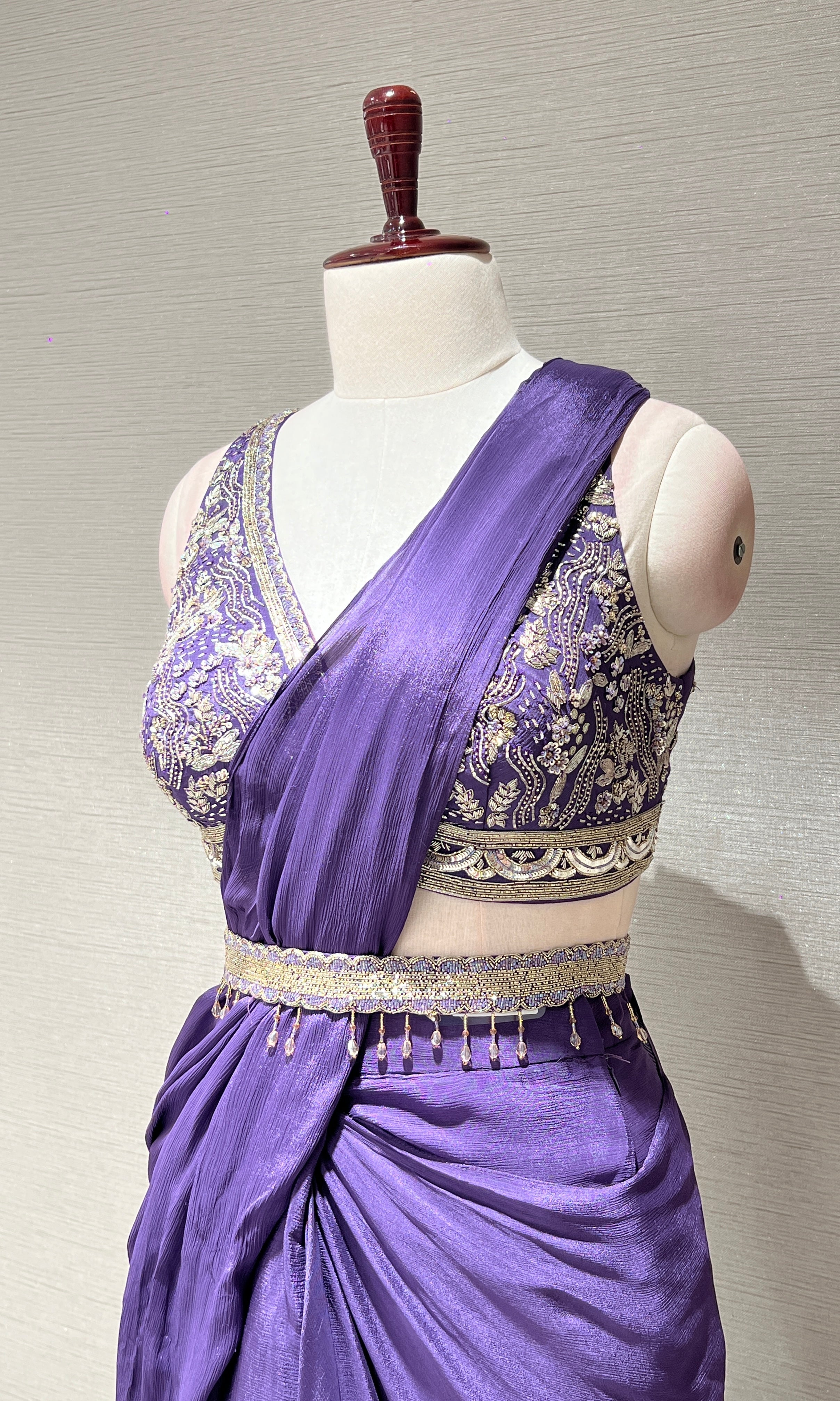 Purple drape saree with ruffles