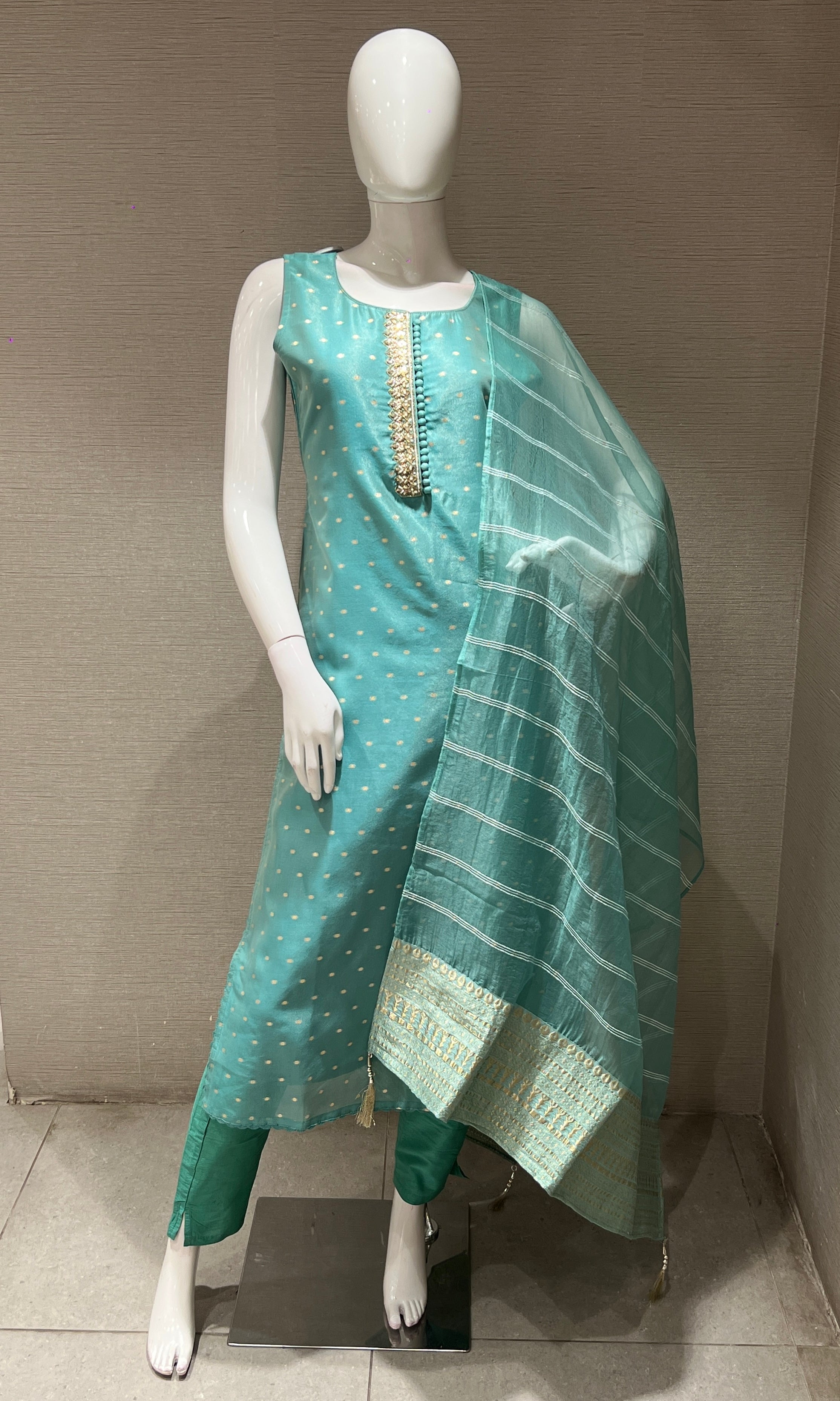 Sea green kurta set with striped dupatta