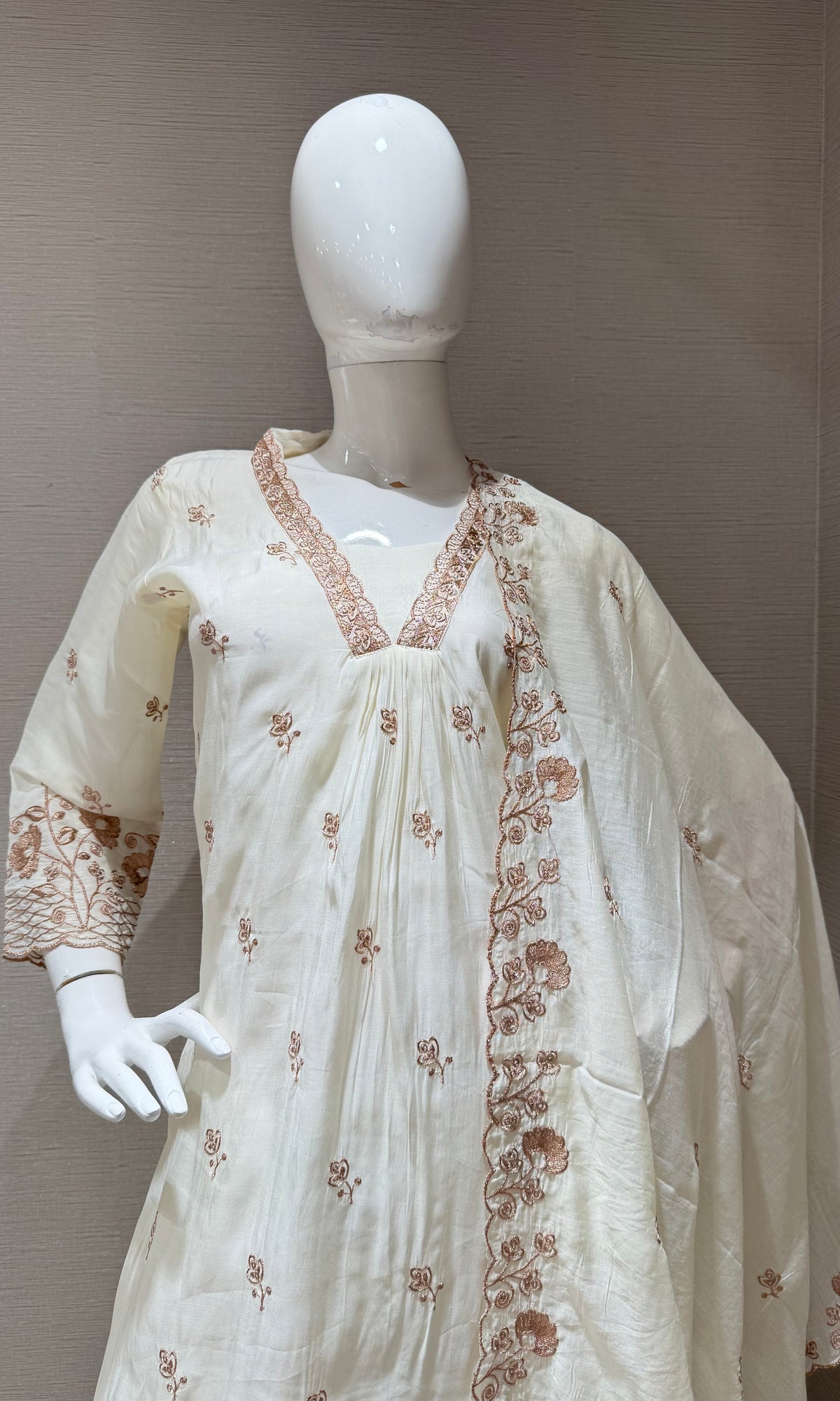 White golden floral a line kurta set with dupatta