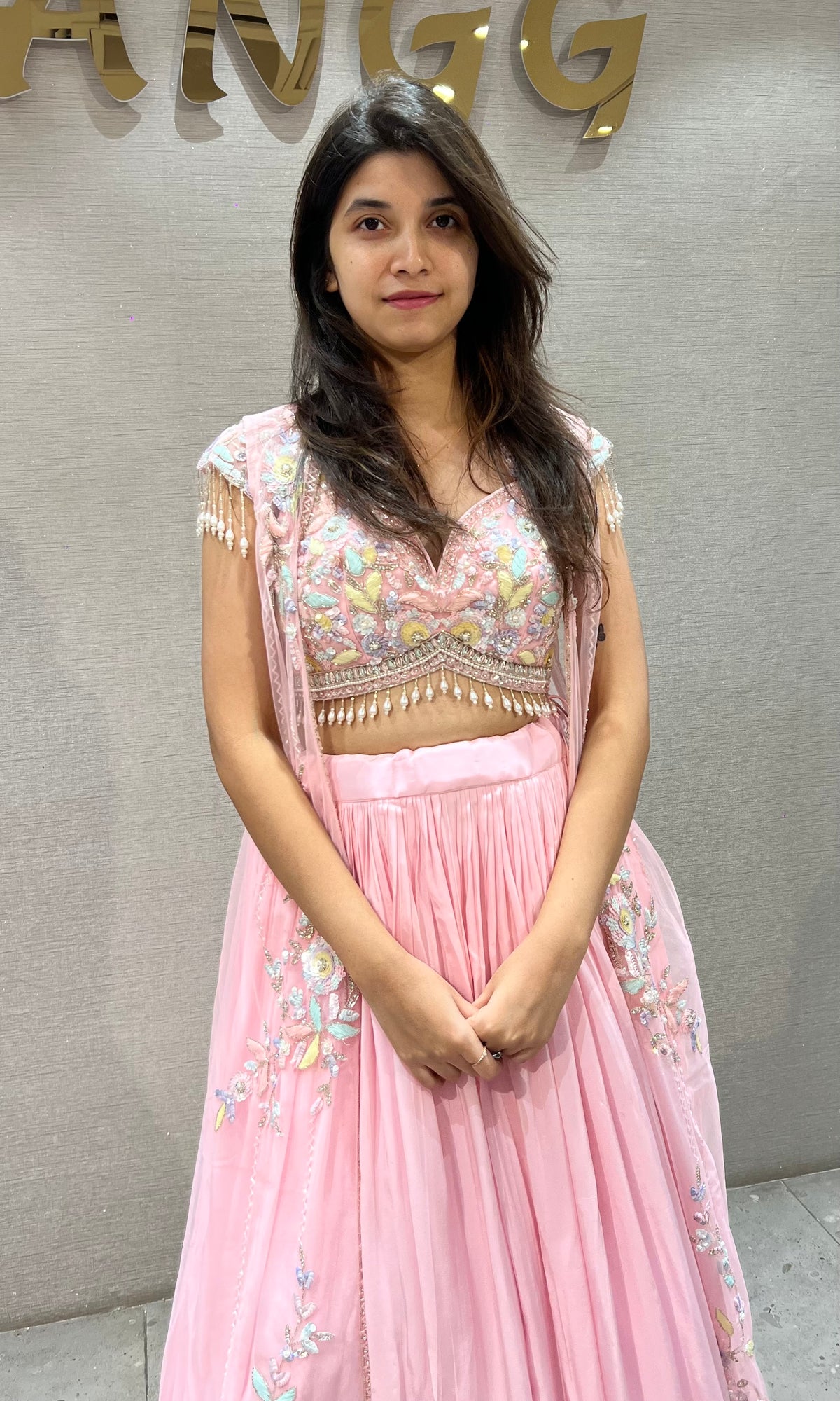 Blush Pink Floral Embroidered Crop Top Lehenga