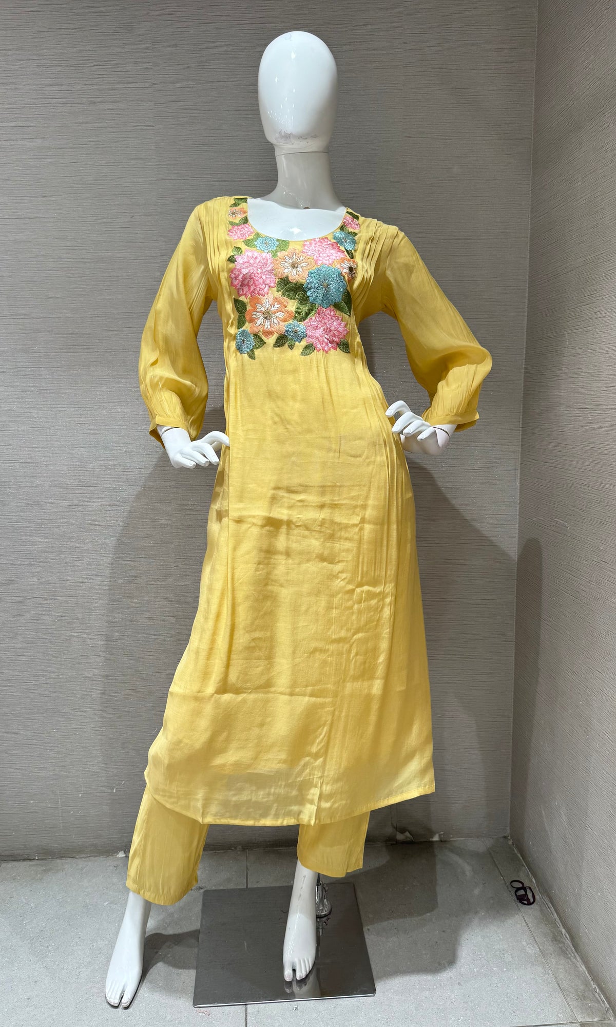 Yellow Floral Embroidered Mul Chanderi A Line Set with dupatta