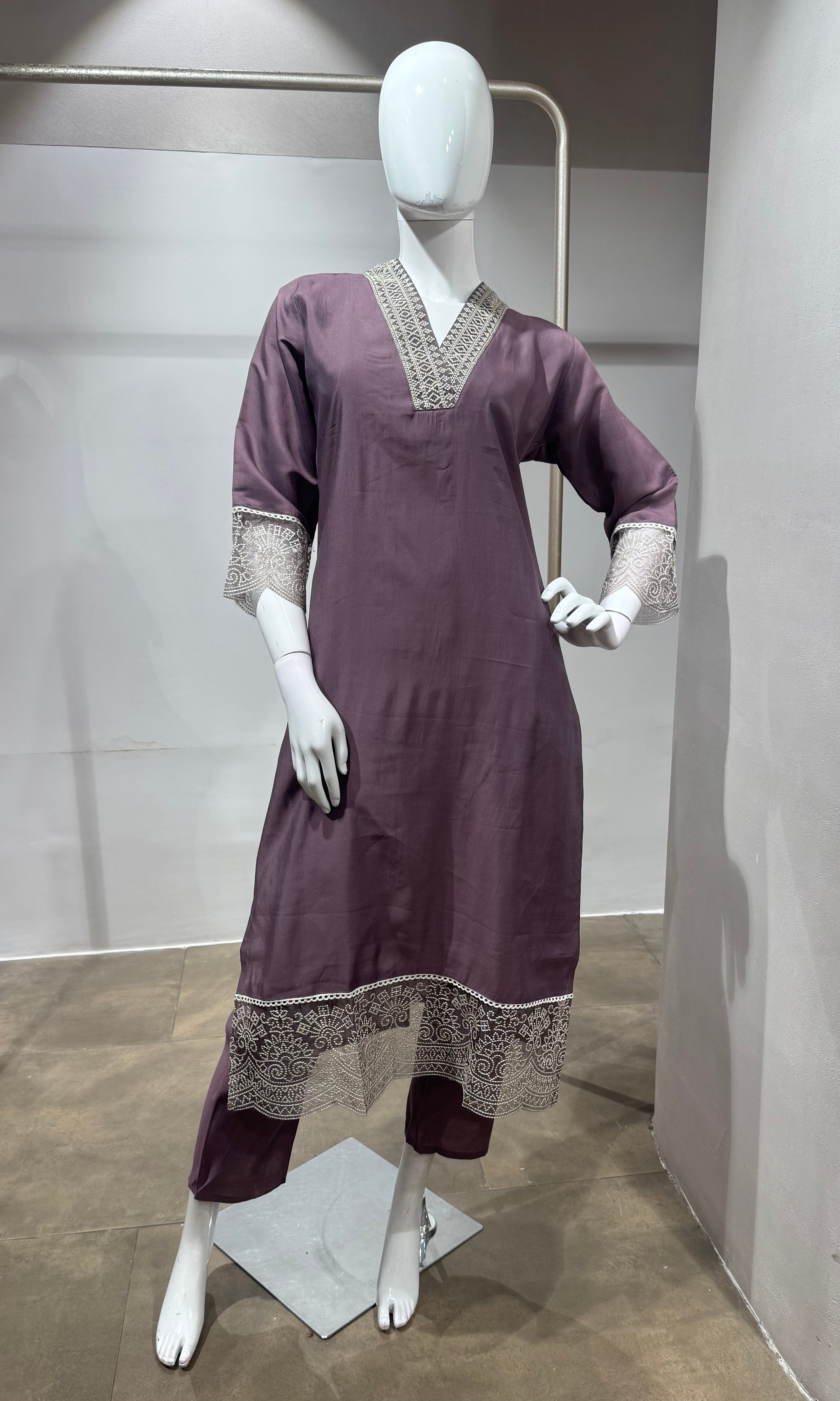 Lavander intricate silver embroidery kurta set