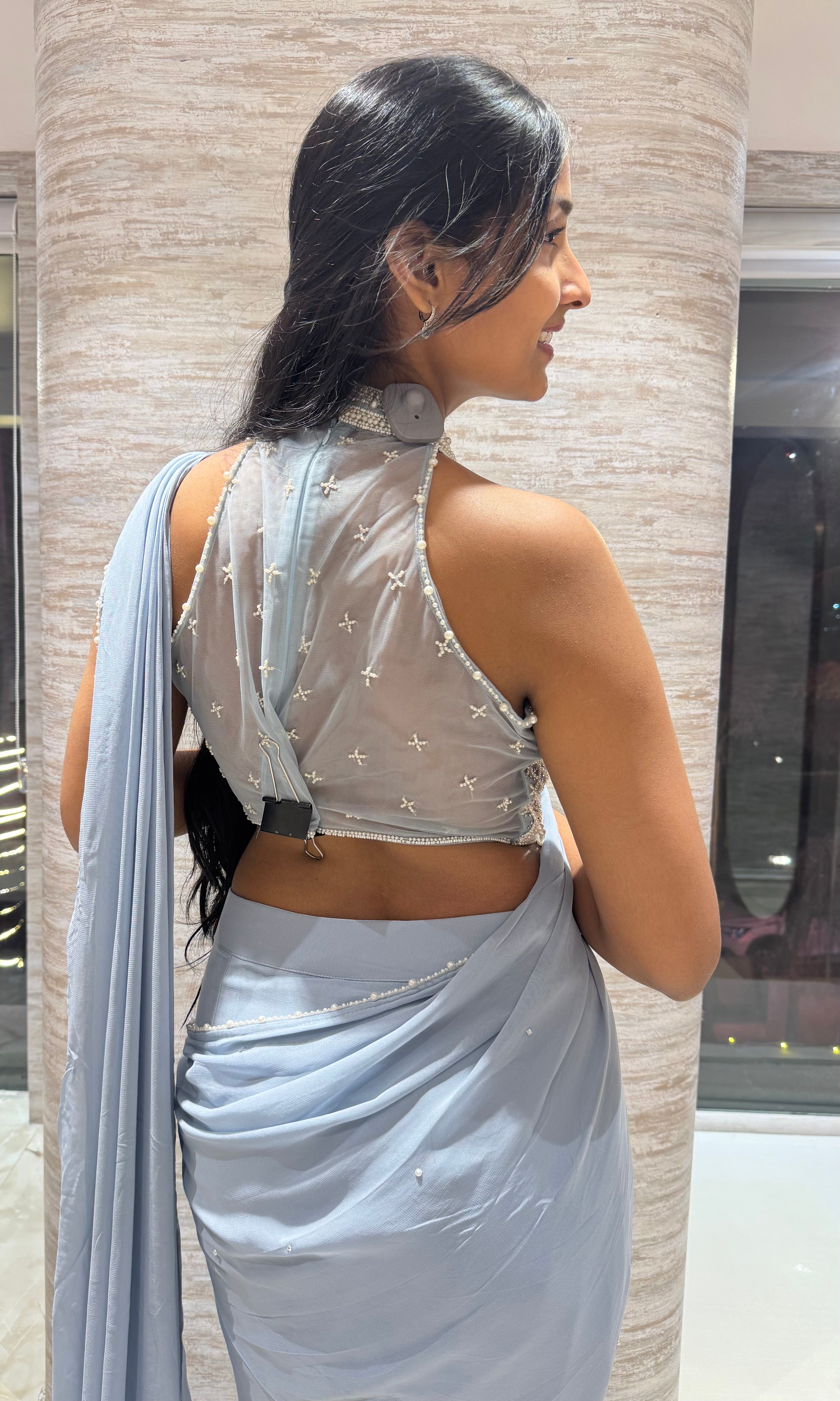 Blue Drape Saree with embellished haler neck