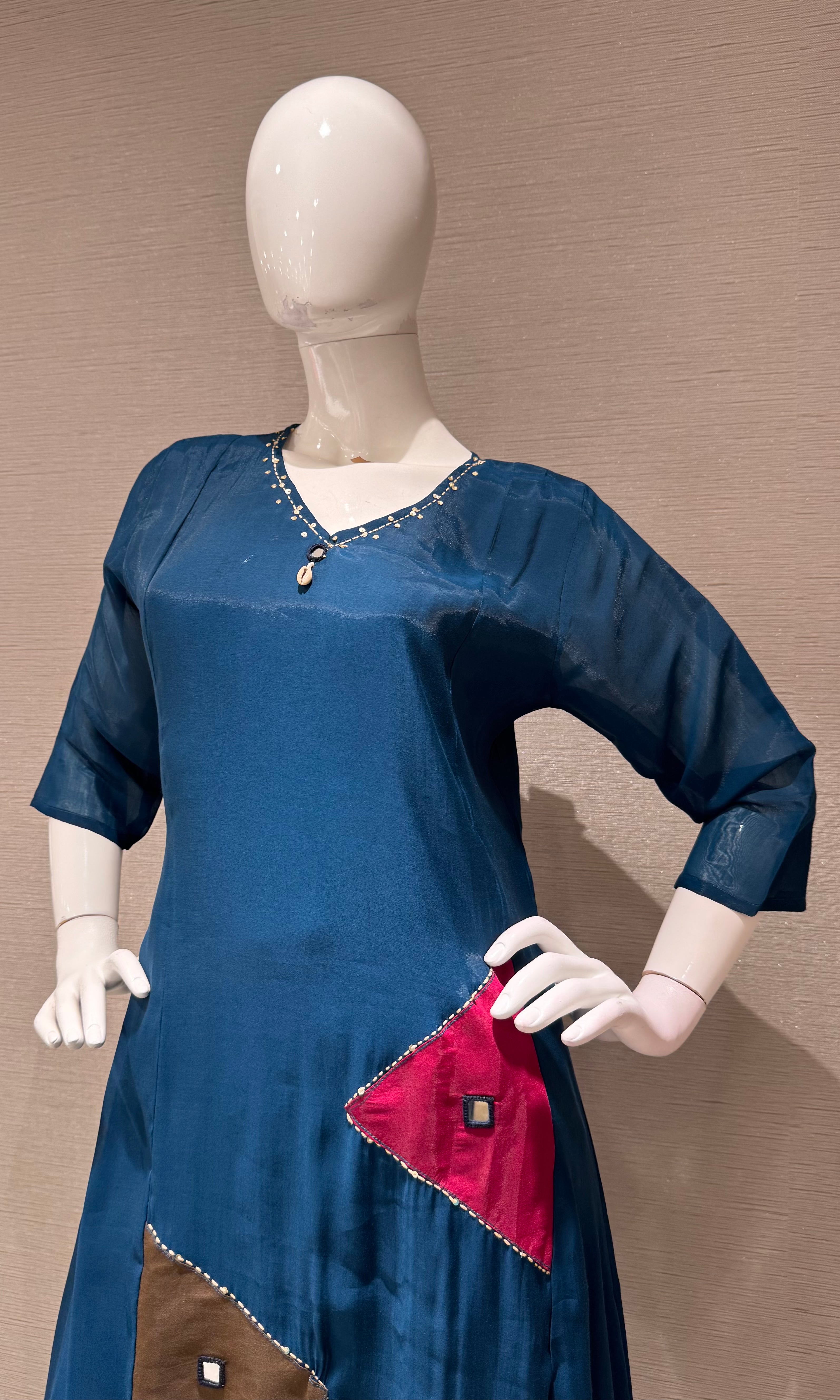 Navy Blue Chanderi Kurta Set with Draped Dupatta